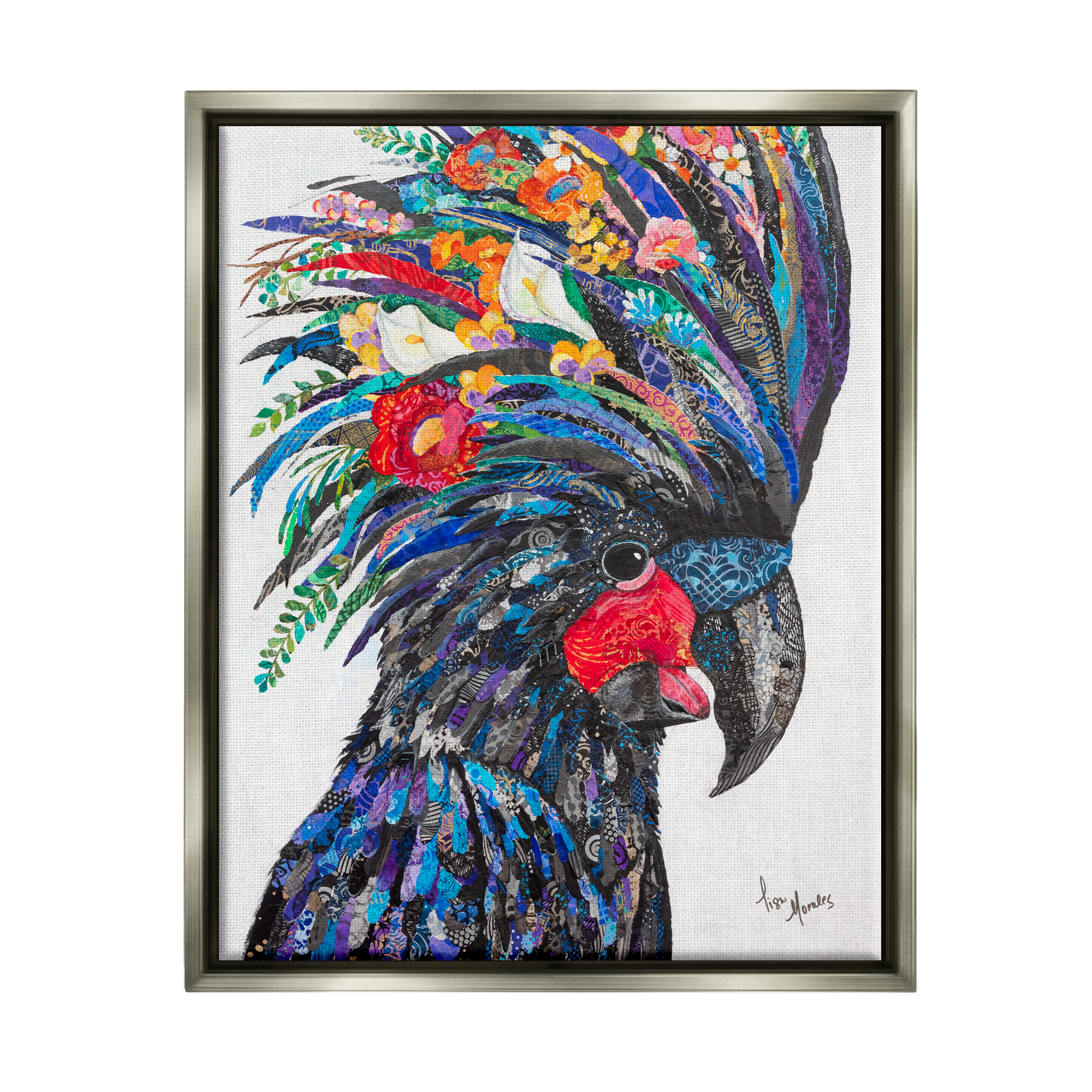 Stupell Industries Black Palm Cockatoo Bird Floral Pattern Collage Painting Luster Gray Floating Framed Canvas Print Wall Art, Design by Lisa Morales