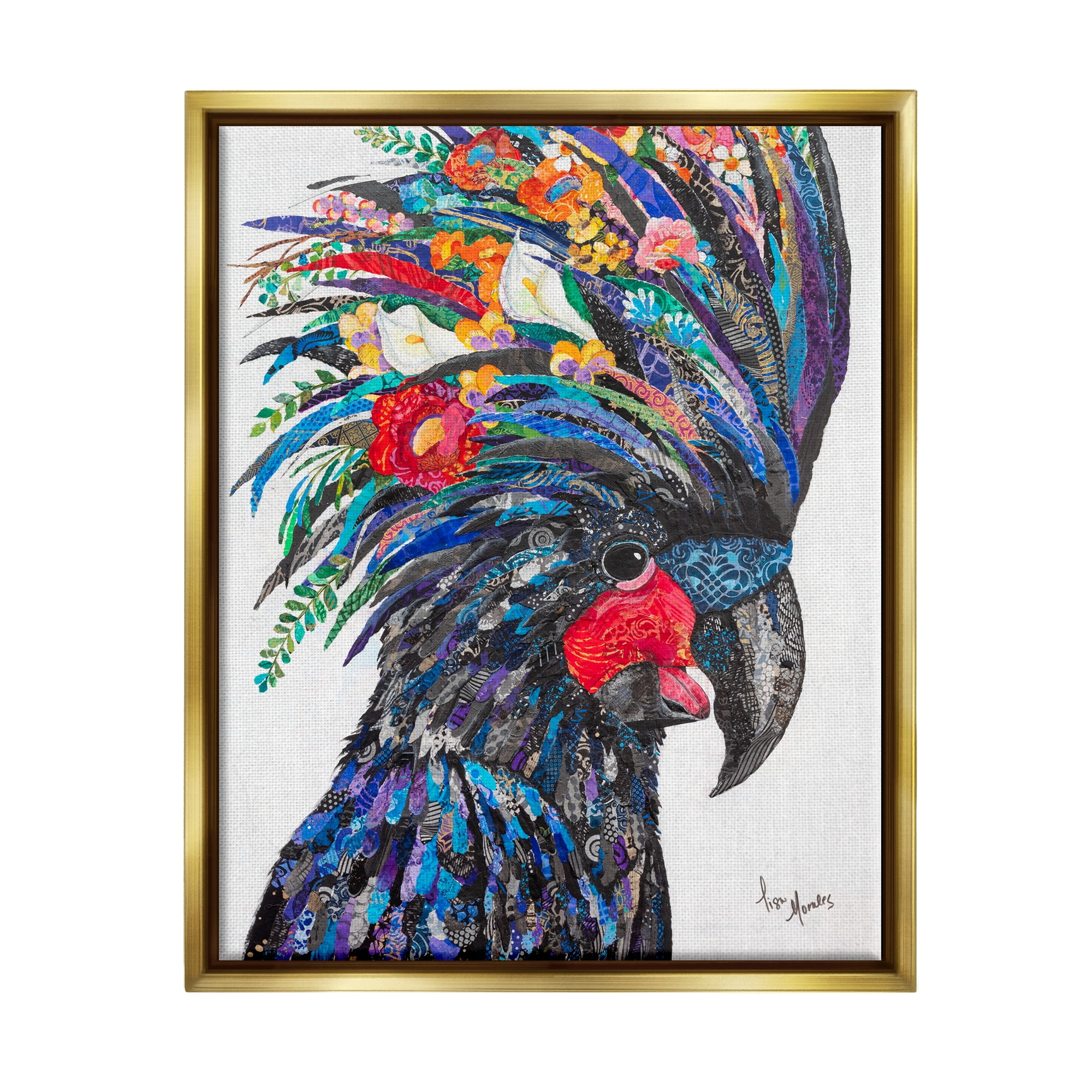 Stupell Industries Black Palm Cockatoo Bird Floral Pattern Collage Painting Metallic Gold Floating Framed Canvas Print Wall Art, Design by Lisa Morales