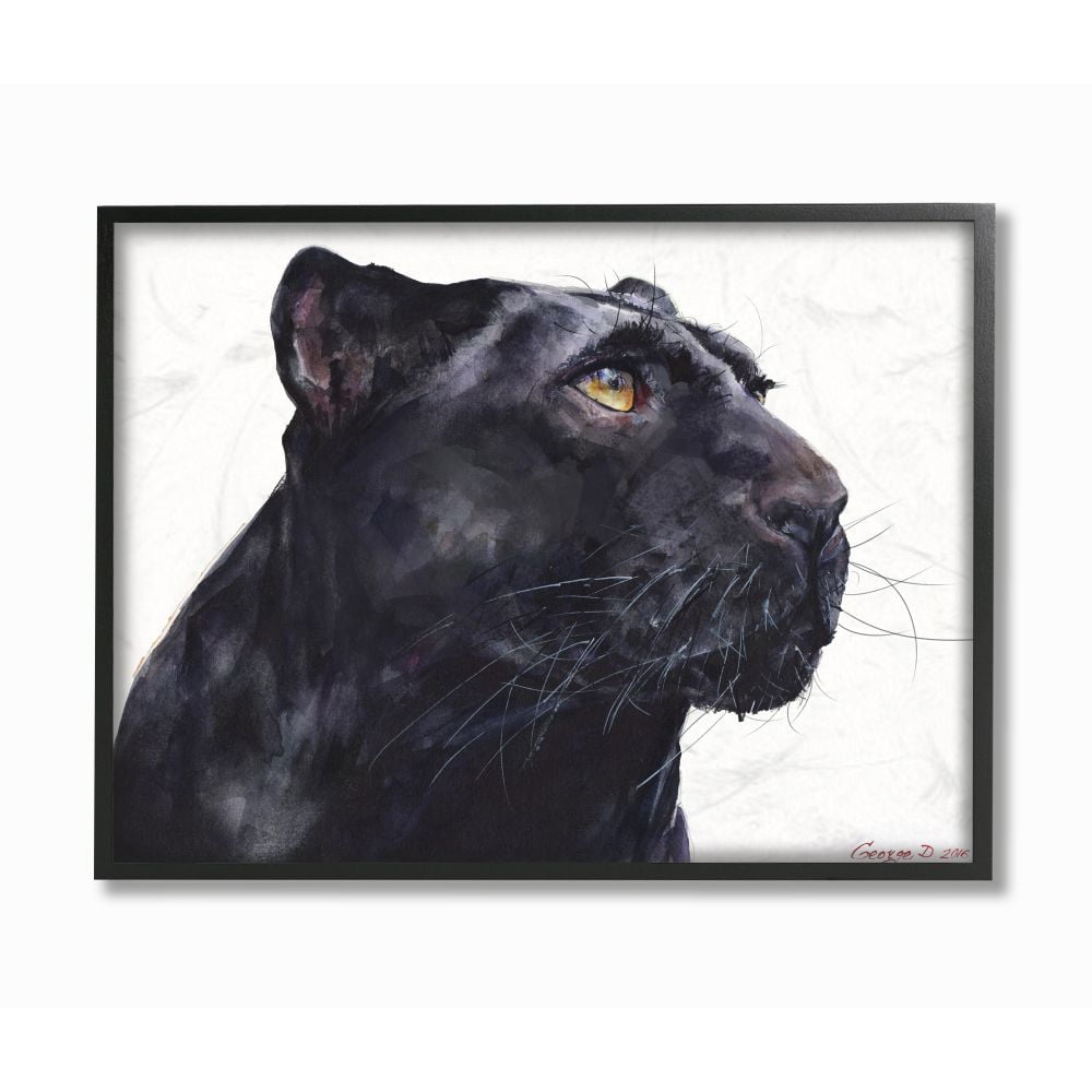 Stupell Industries Black Panther Large Cat Animal Watercolor Painting Framed Giclee Texturized Art by George Dyachenko