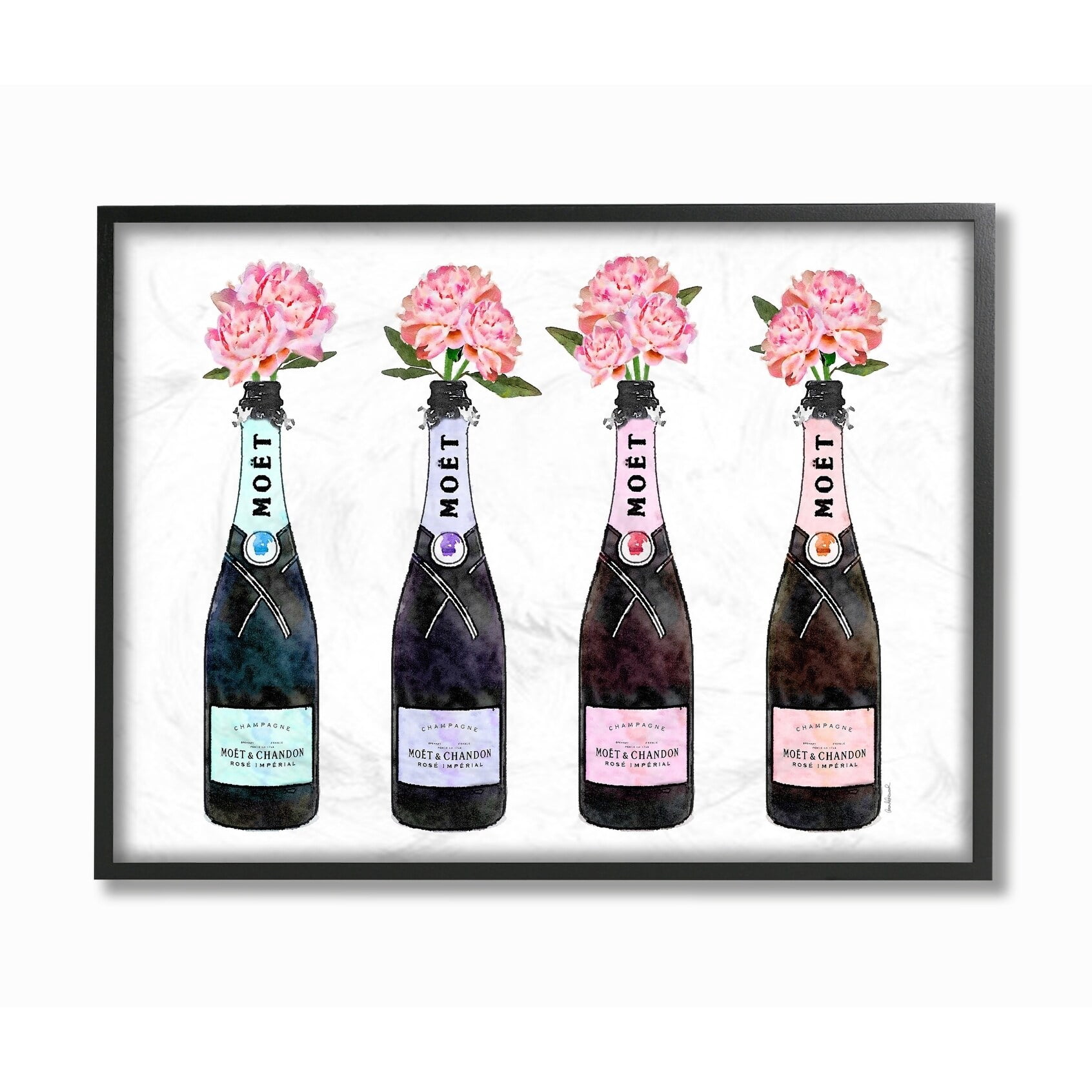 Stupell Industries Black Pink Purple and Blue Champagne Bottles with Peonies Framed Wall Art by Amanda Greenwood