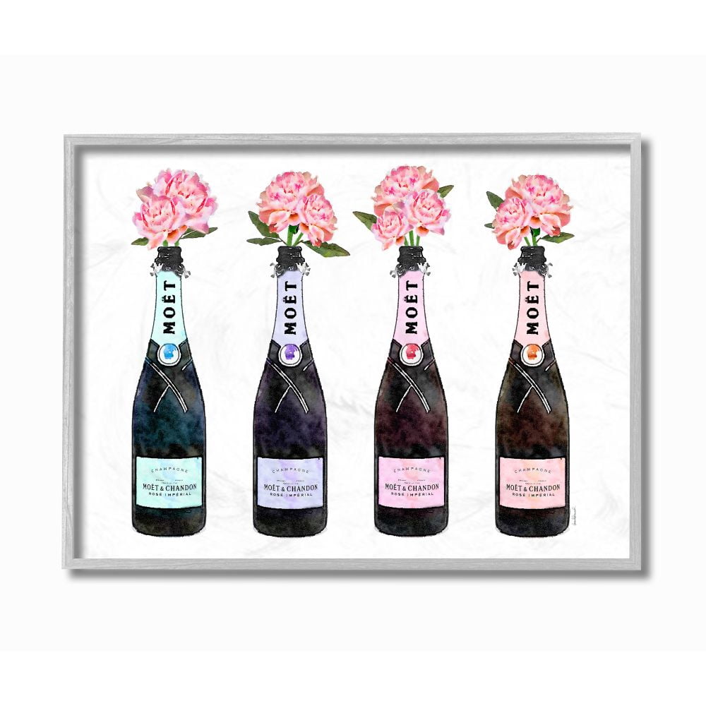 Stupell Industries Black Pink Purple and Blue Champagne Bottles with Peonies Framed Wall Art by Amanda Greenwood