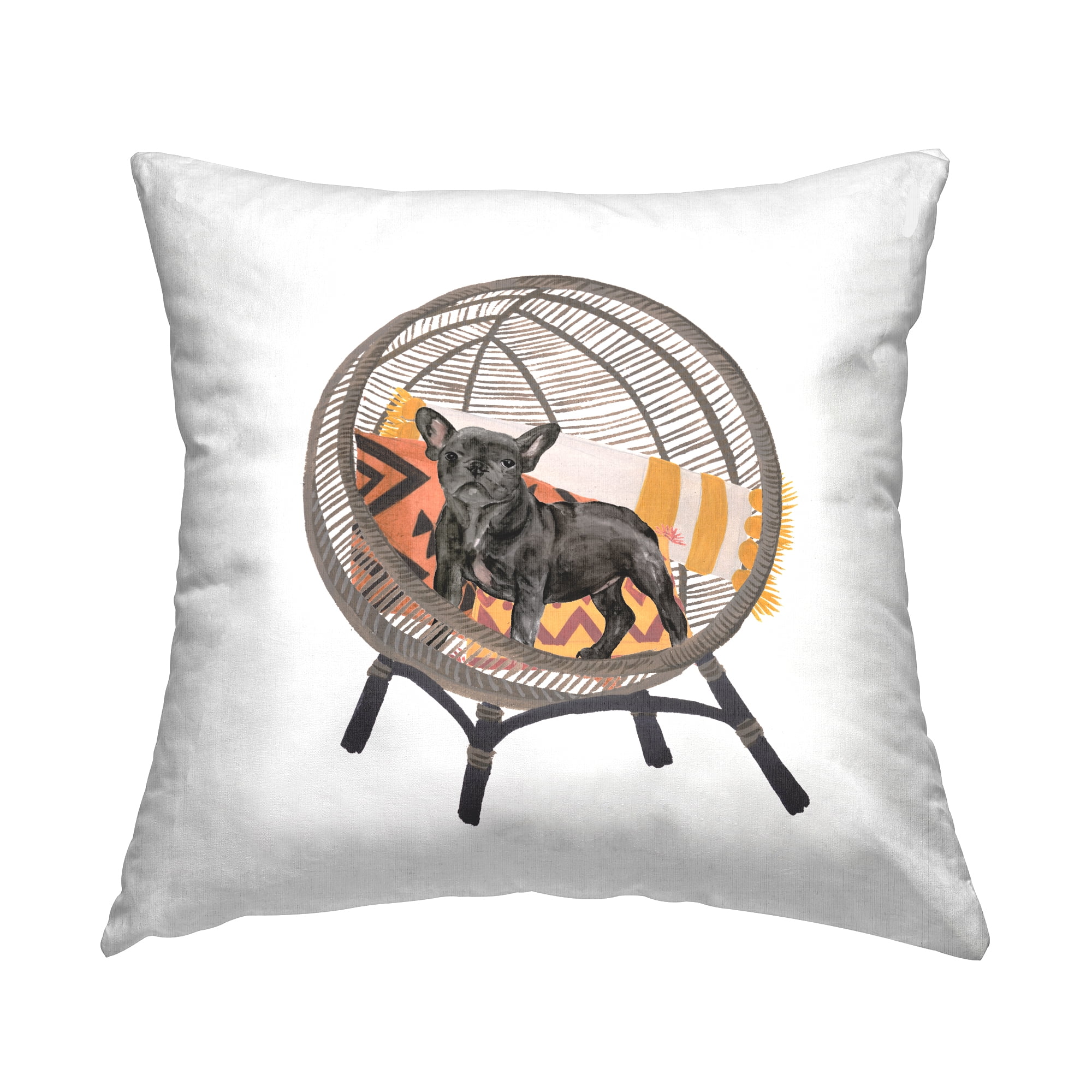 Black Puppy Dog Boho Woven Chair Design Throw Pillow Set