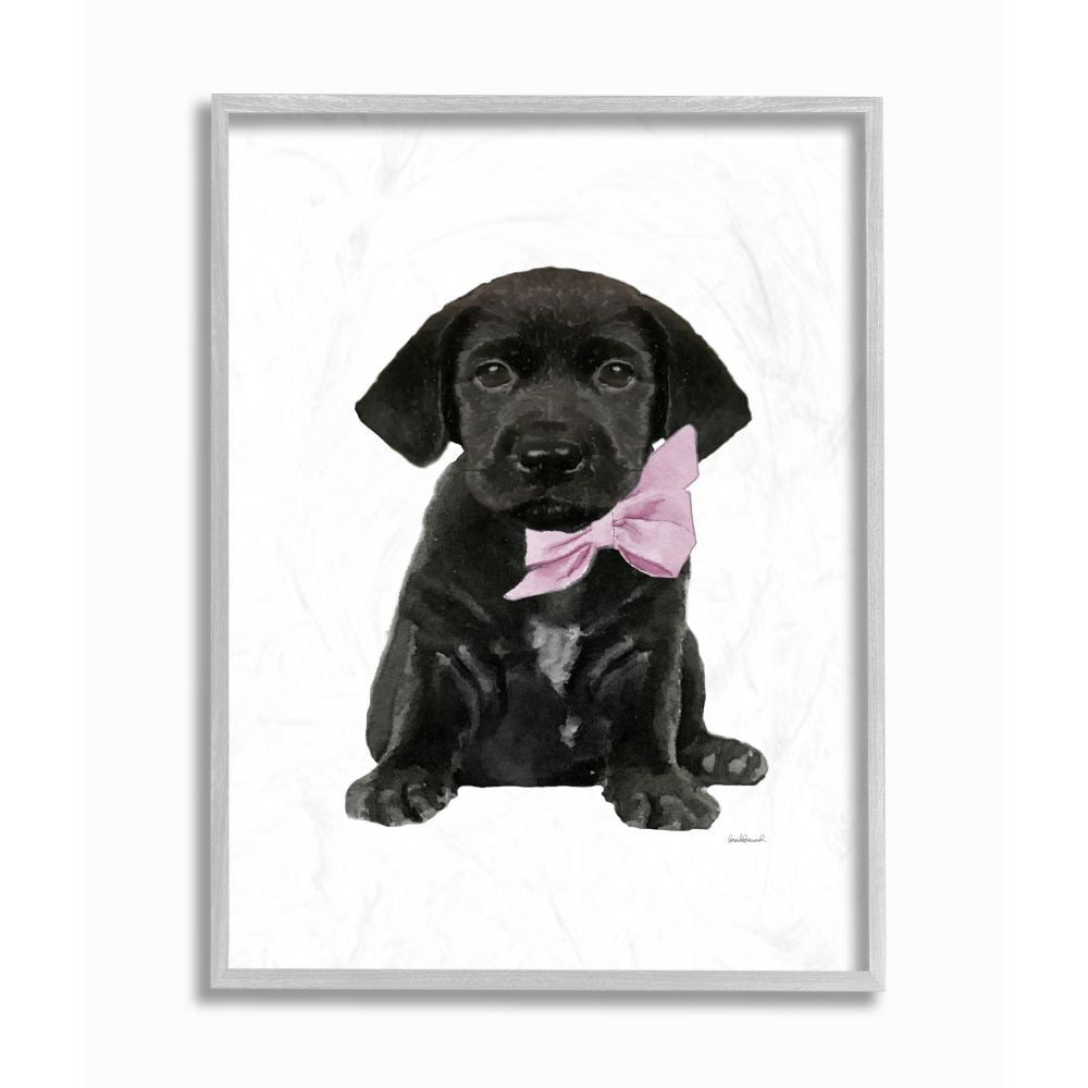 Stupell Industries Black Puppy Pink Bow Cute Pet Dog Watercolor Framed Wall Art by Amanda Greenwood