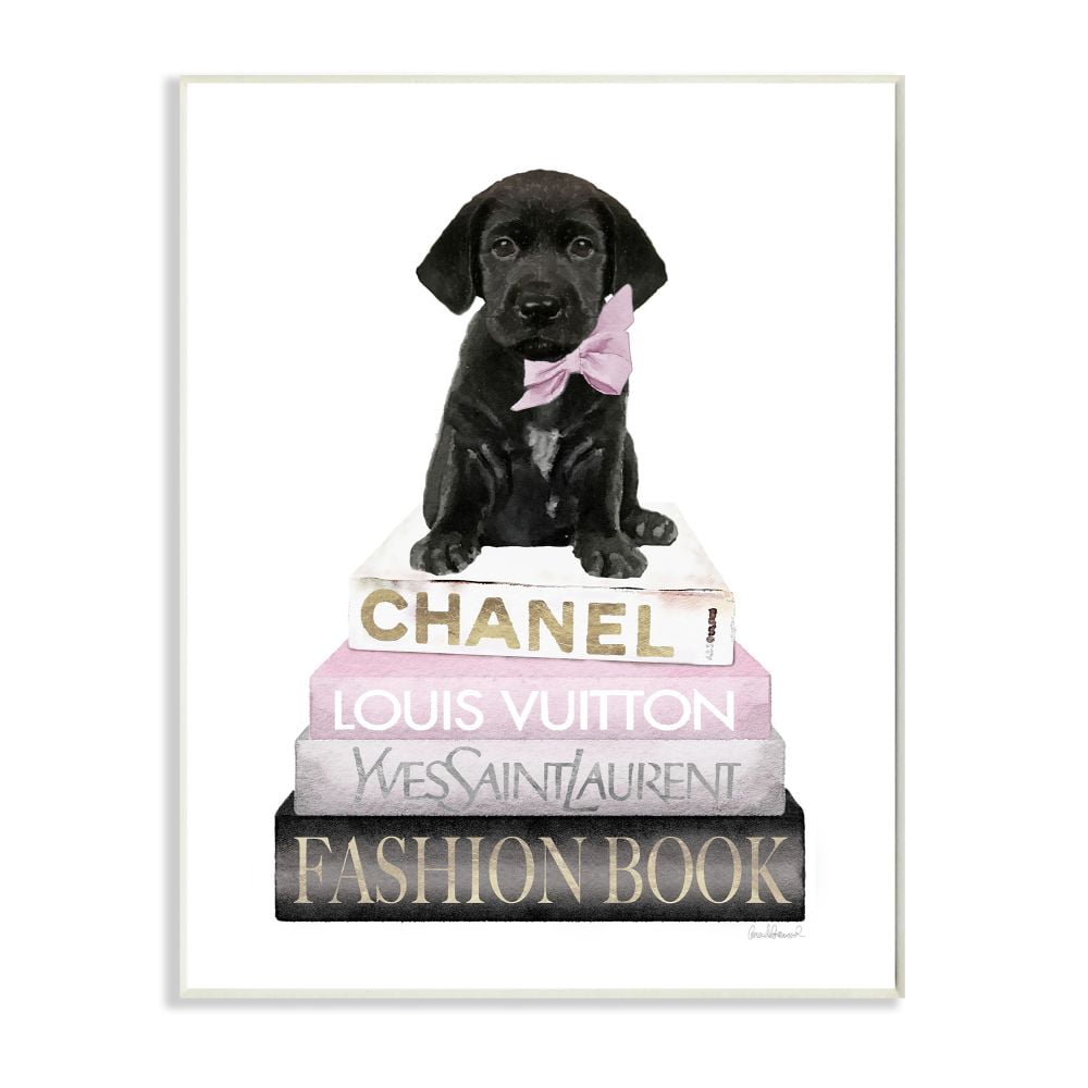 Stupell Industries Black Puppy with Pink Bow on Glam Book Stack Designed by Amanda Greenwood