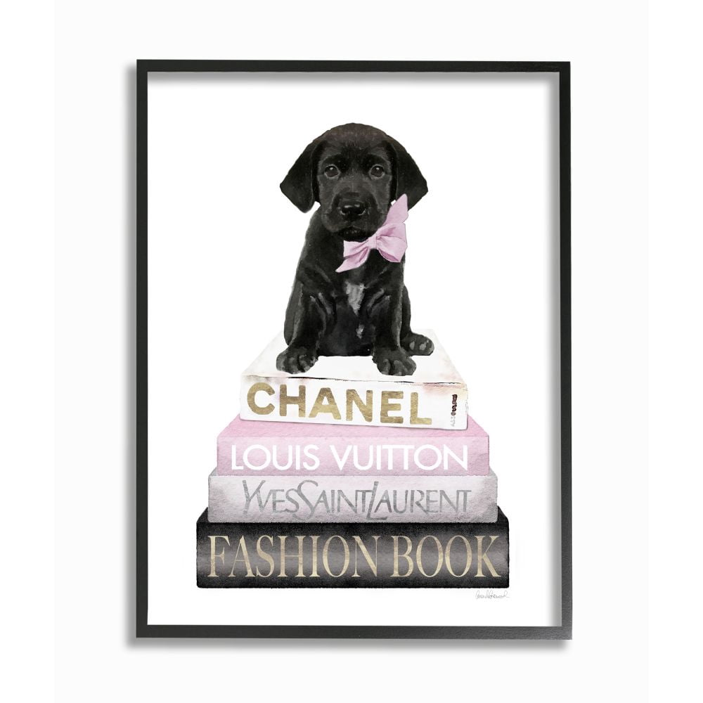 Stupell Industries Black Puppy with Pink Bow on Glam Book Stack Designed by Amanda Greenwood