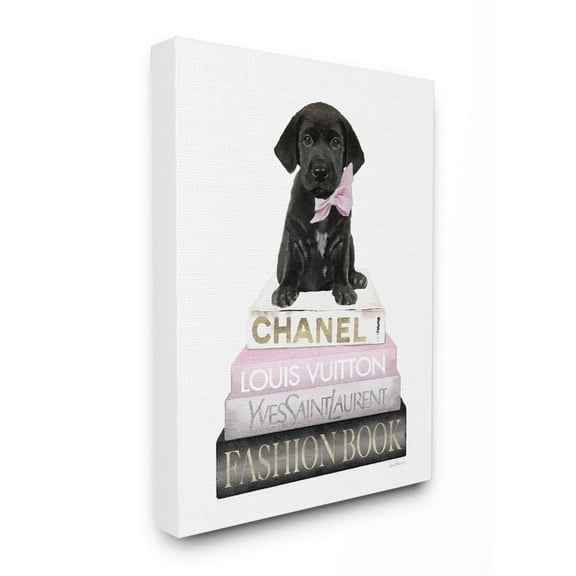 Stupell Industries Black Puppy with Pink Bow on Glam Book Stack Designed by Amanda Greenwood