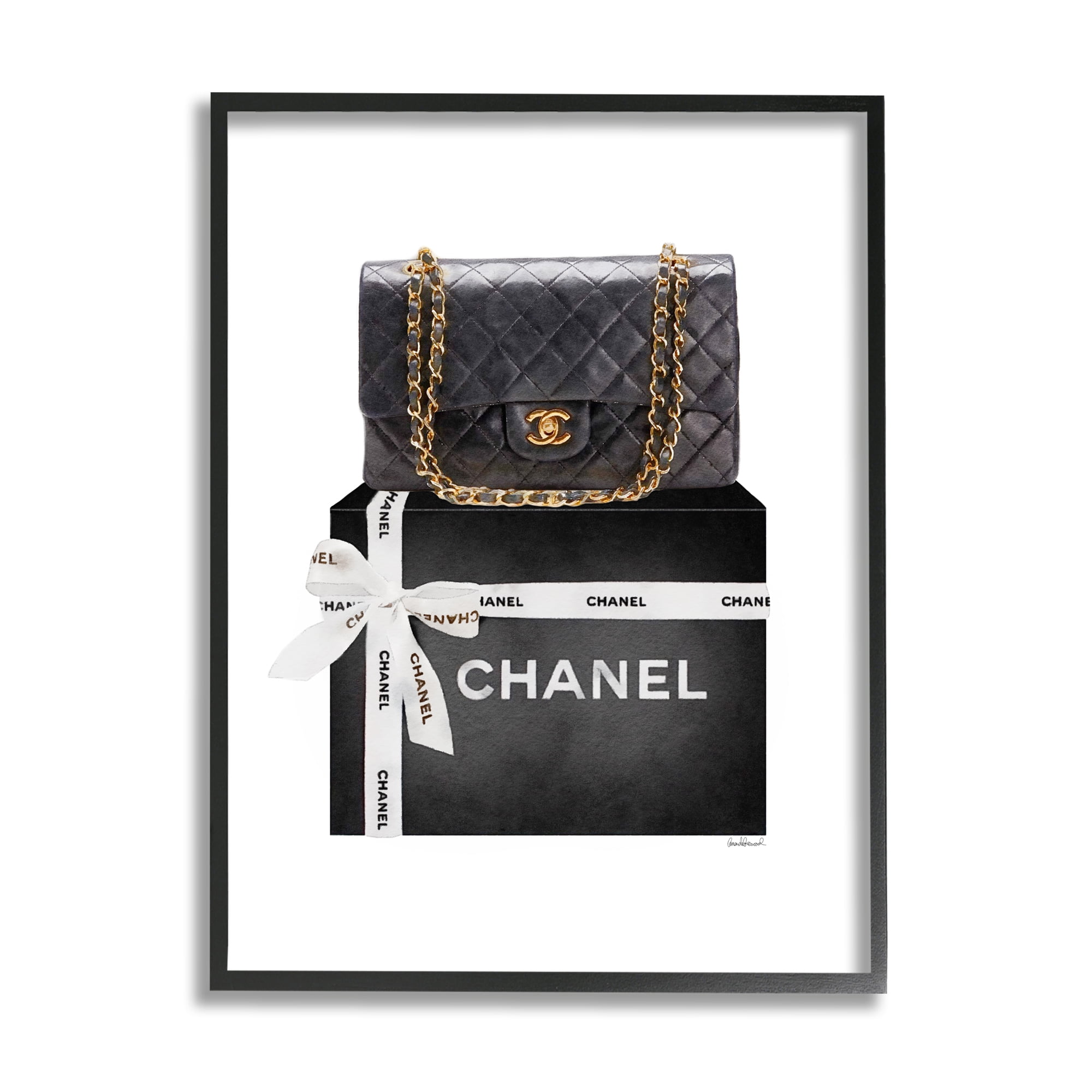 Stupell Industries Black Quilted Purse on Bold Glam Bow Box Beauty & Fashion Painting Black Framed Art Print Wall Art, 24 x 30