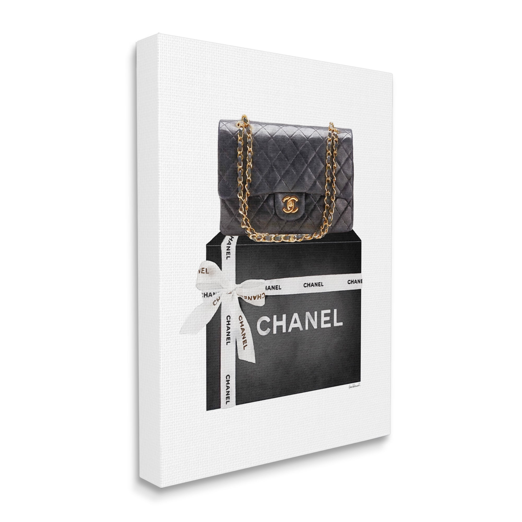 Stupell Industries Black Quilted Purse on Bold Glam Bow Box Beauty & Fashion Painting Gallery Wrapped Canvas Print Wall Art, 16 x 20