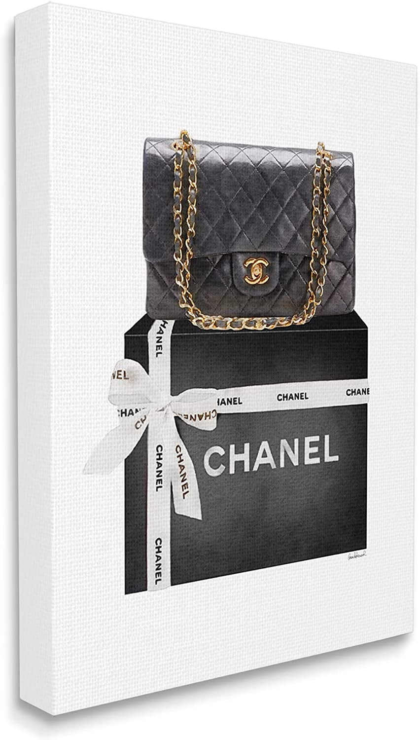 Stupell Industries Black Quilted Purse on Bold Glam Bow Box Beauty & Fashion Painting Gallery Wrapped Canvas Print Wall Art, 24 x 30