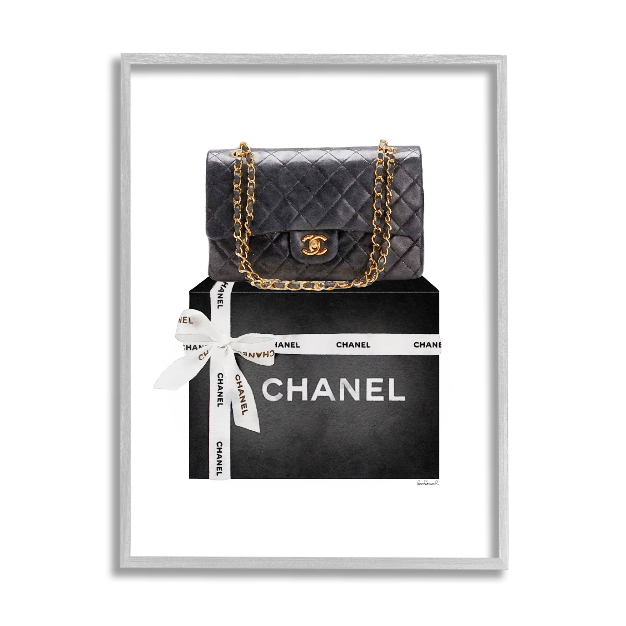 Stupell Industries Black Quilted Purse on Bold Glam Bow Box Beauty & Fashion Painting Gray Framed Art Print Wall Art, 11 x 14