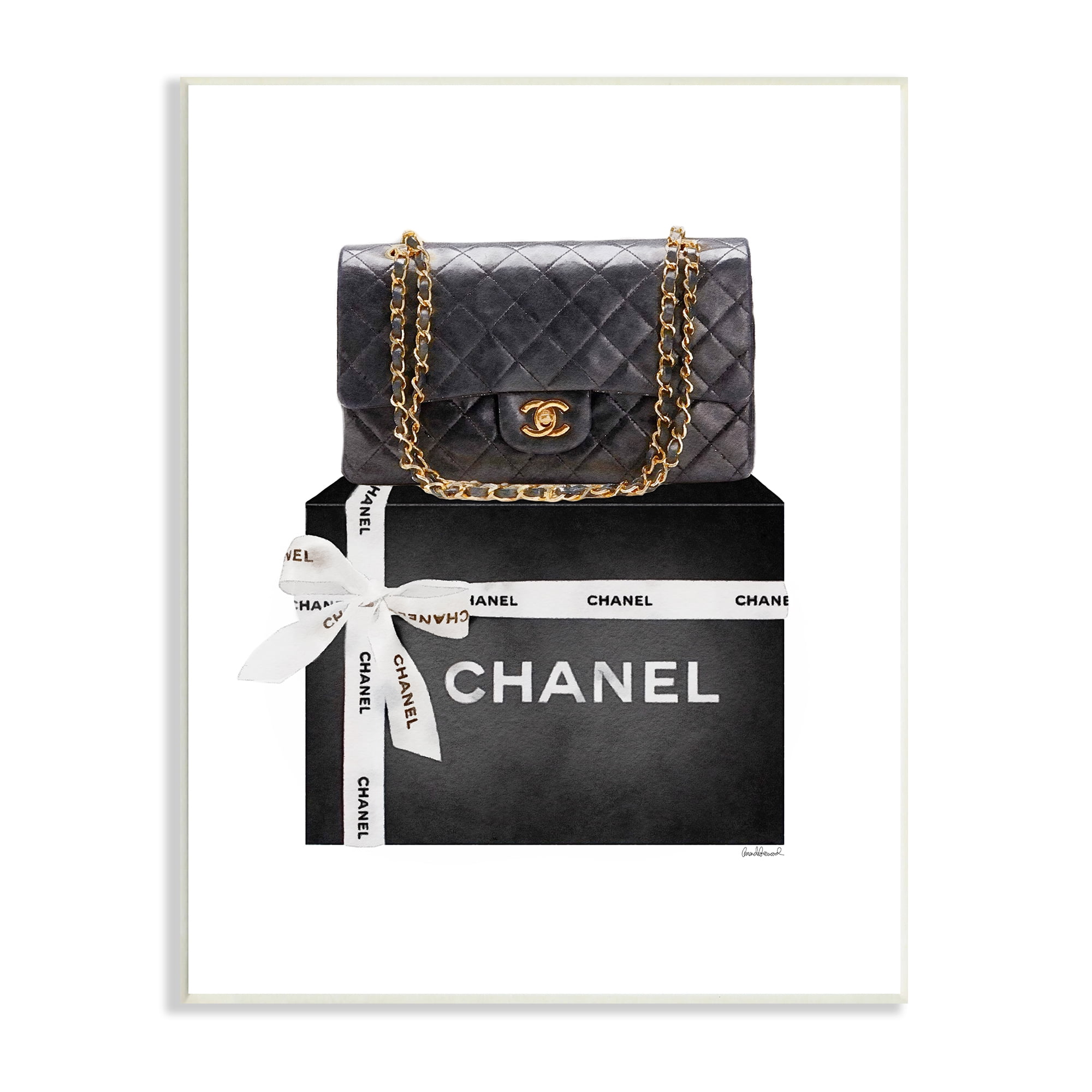 Stupell Industries Black Quilted Purse on Bold Glam Bow Box Beauty & Fashion Painting Unframed Art Print Wall Art, 13 x 19