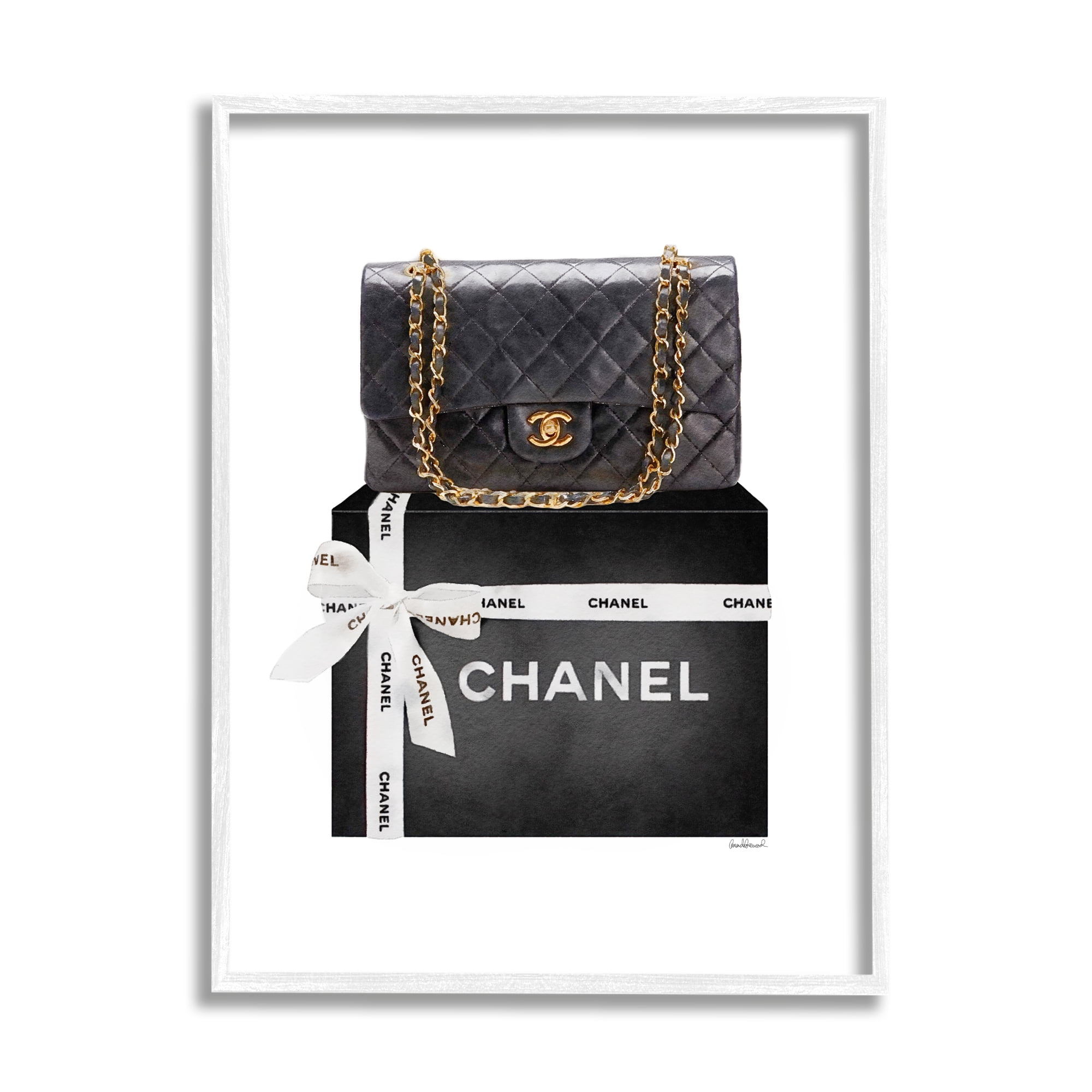 Stupell Industries Black Quilted Purse on Bold Glam Bow Box Beauty & Fashion Painting White Framed Art Print Wall Art, 16 x 20