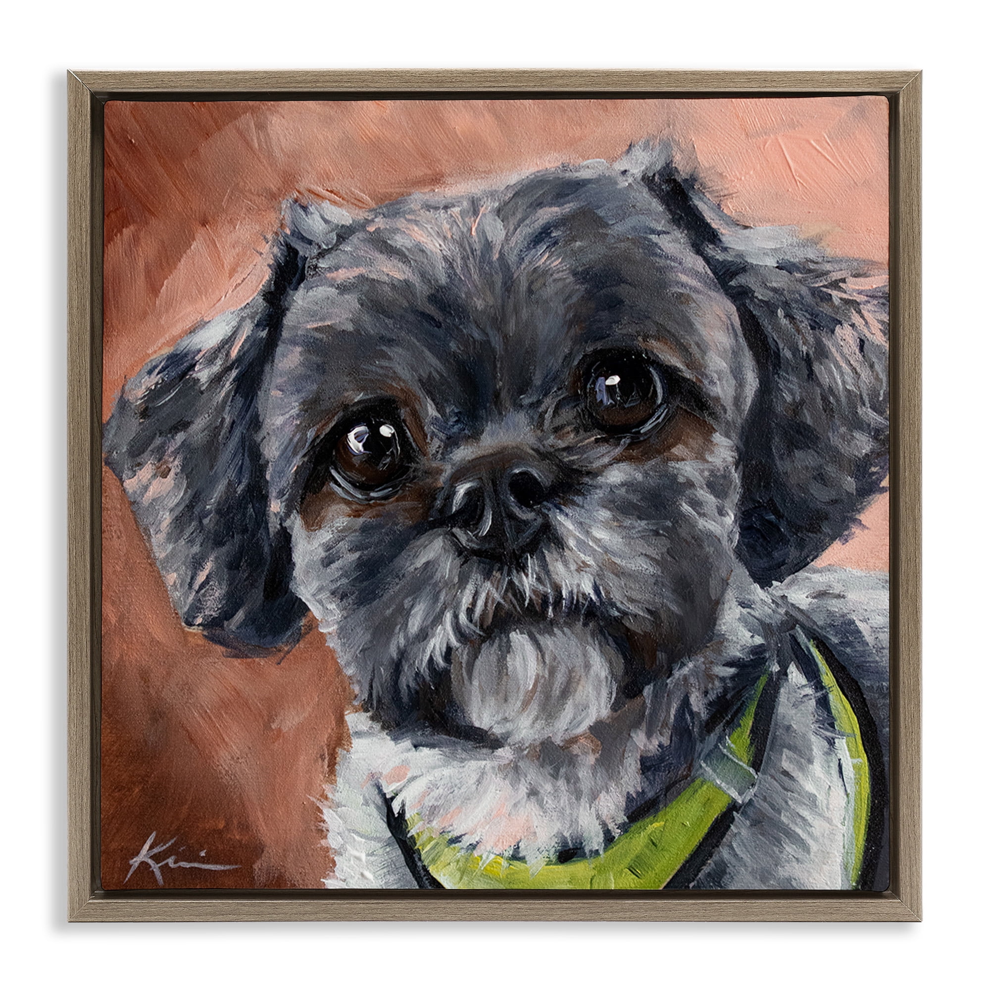 Stupell Industries Black Shih Tzu Dog Portrait Animals & Insects Painting Brown Floater Framed Canvas Art Print Wall Art, 25 x 25