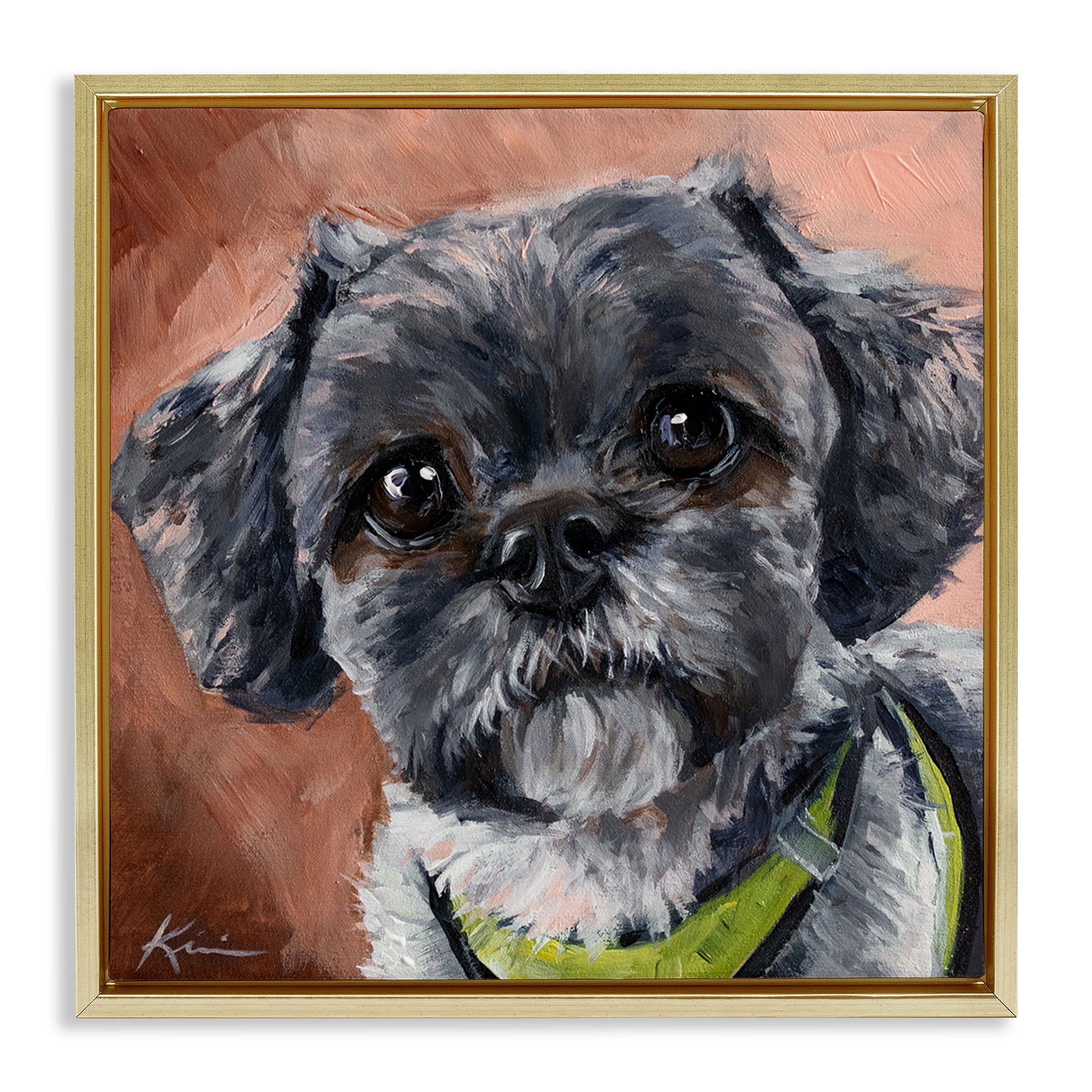 Stupell Industries Black Shih Tzu Dog Portrait Animals & Insects Painting Gold Floater Framed Canvas Art Print Wall Art, 18 x 18