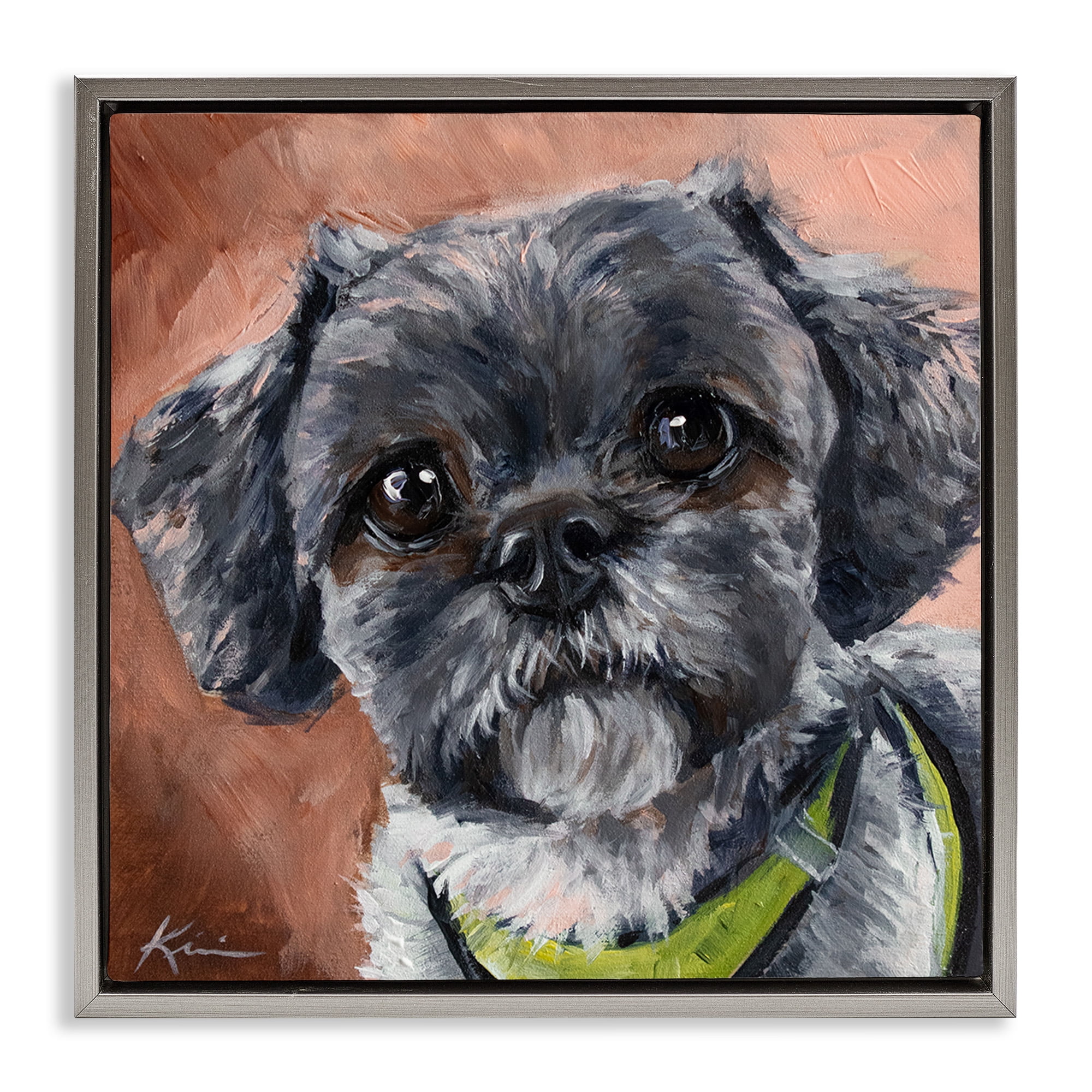 Stupell Industries Black Shih Tzu Dog Portrait Animals & Insects Painting Gray Floater Framed Canvas Art Print Wall Art, 25 x 25