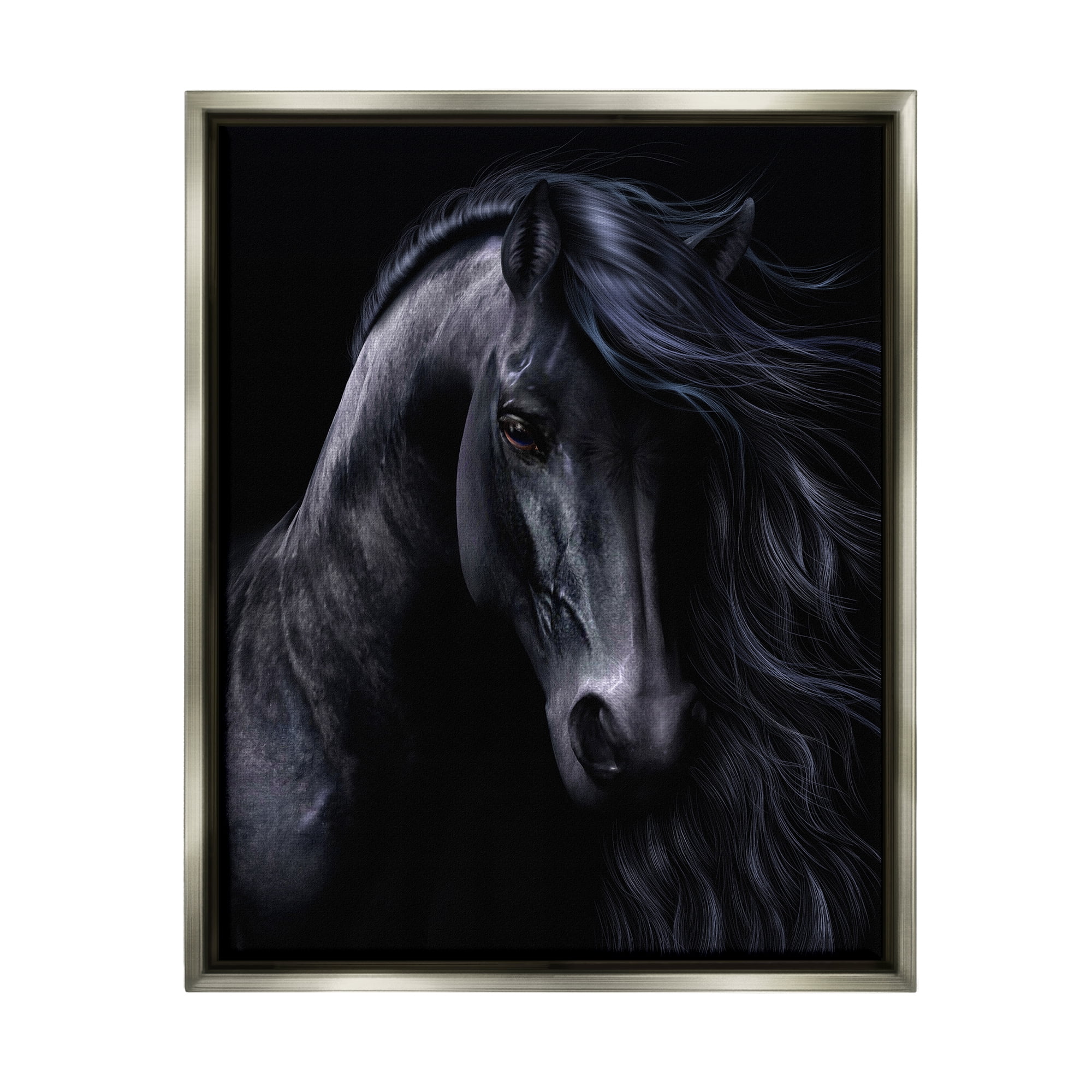 Stupell Industries Black Stallion Portrait Animals & Insects Photography Gray Floater Framed Canvas Art Print Wall Art, 17 x 21