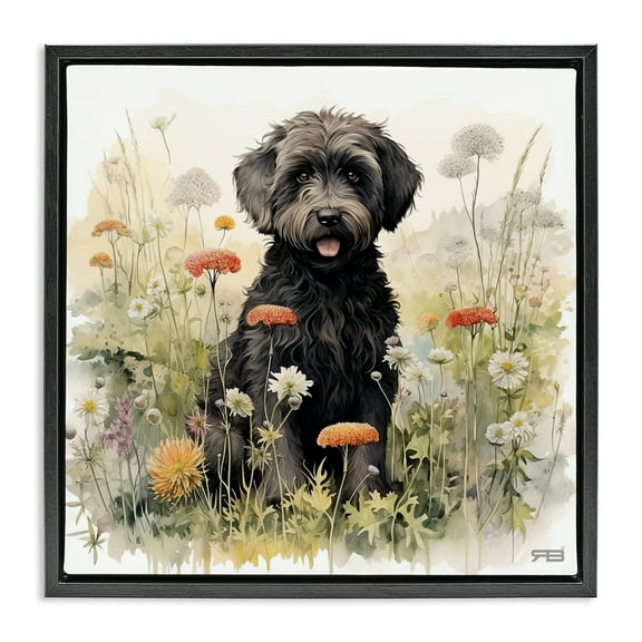 Stupell Industries Black Terrier in Meadow Animals & Insects Painting Black Floater Framed Canvas Art Print Wall Art, 18 x 18