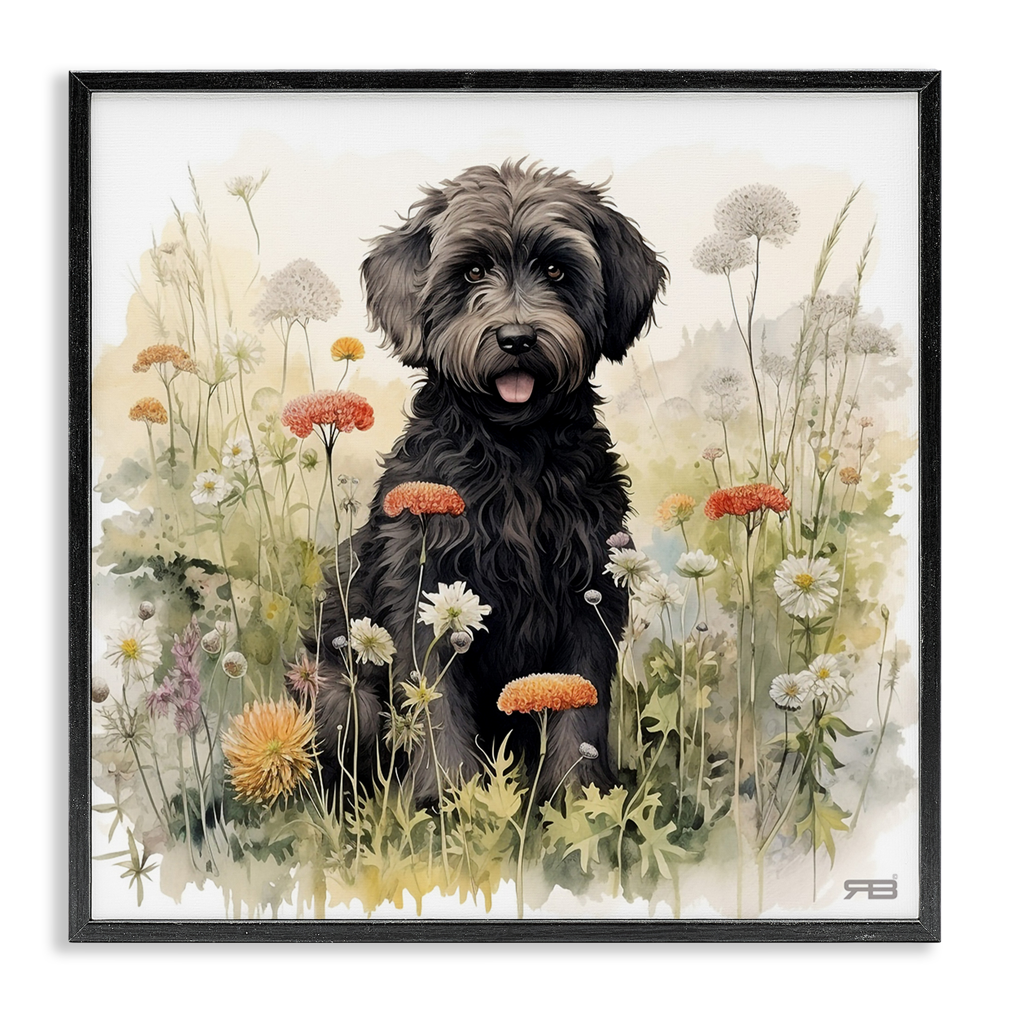 Stupell Industries Black Terrier in Meadow Animals & Insects Painting Black Framed Art Print Wall Art, 17 x 17