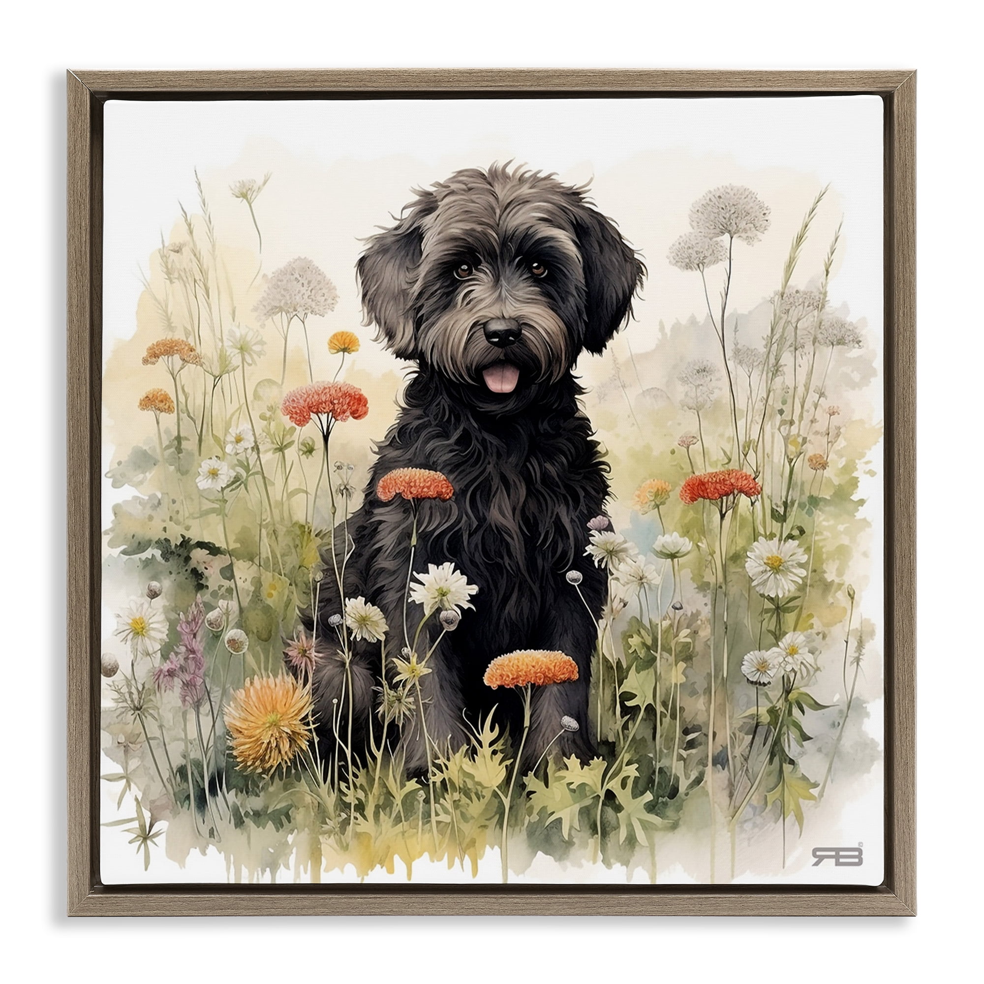 Stupell Industries Black Terrier in Meadow Animals & Insects Painting Brown Floater Framed Canvas Art Print Wall Art, 18 x 18