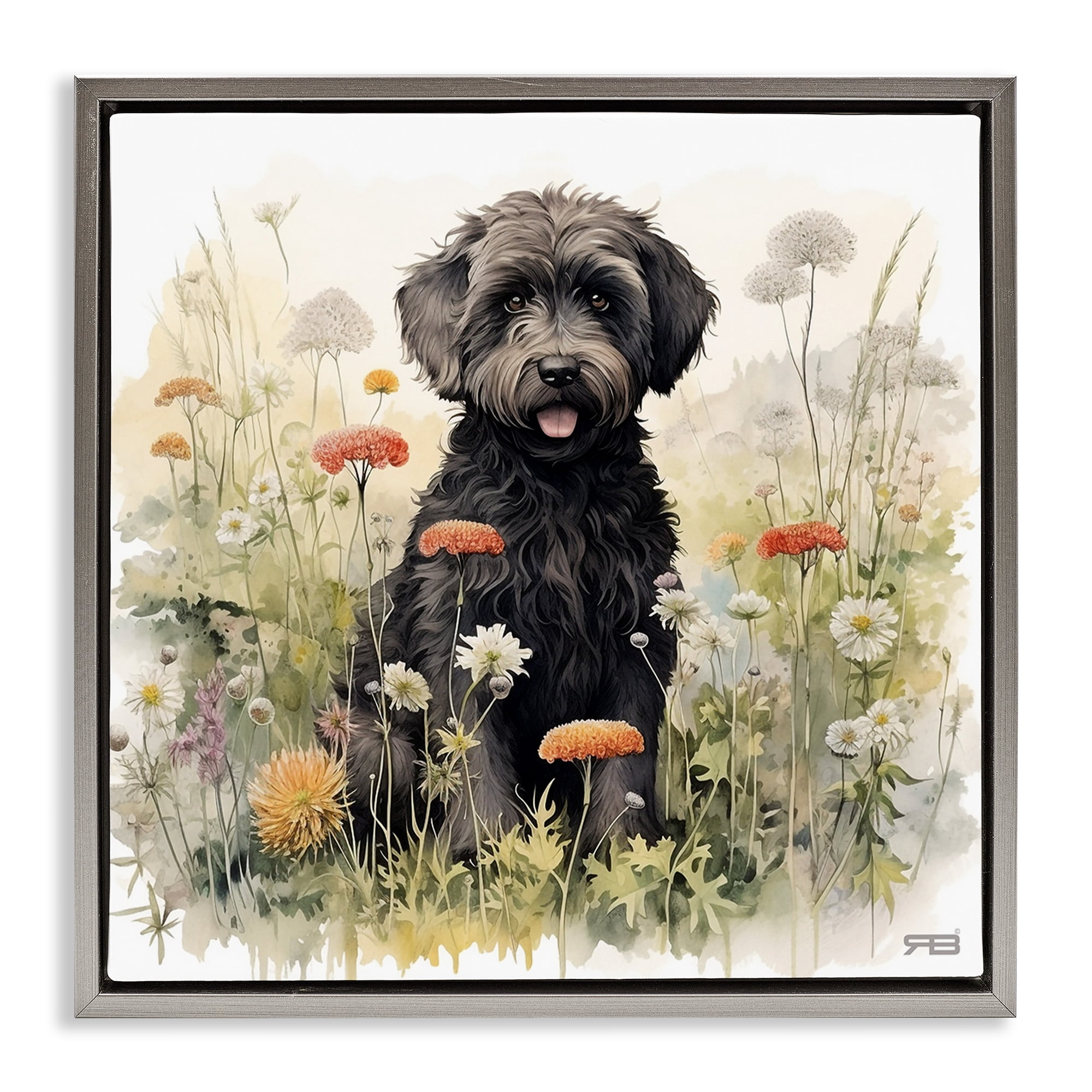 Stupell Industries Black Terrier in Meadow Animals & Insects Painting Gray Floater Framed Canvas Art Print Wall Art, 25 x 25