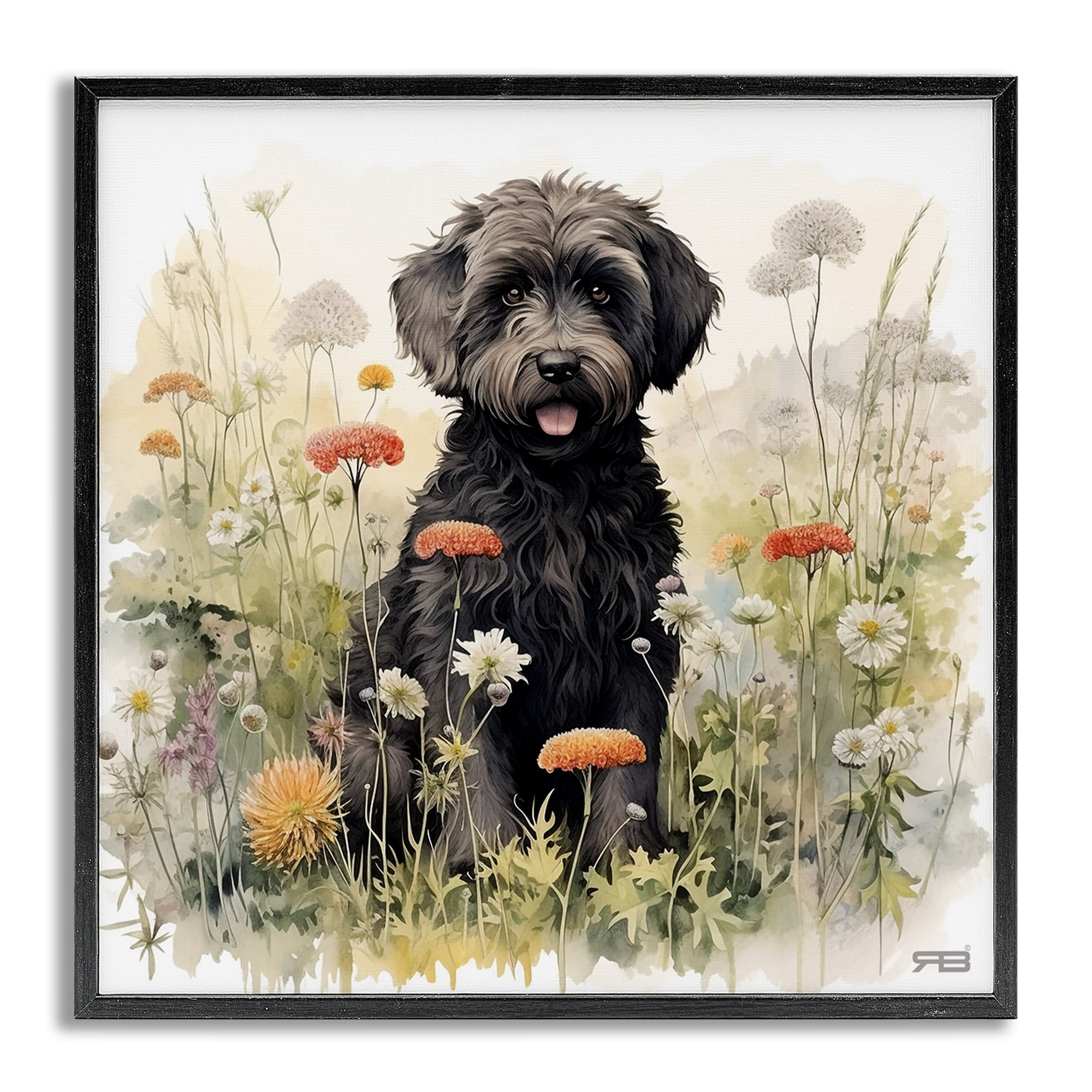 Stupell Industries Black Terrier in Meadow Animals & Insects Painting Gray Framed Art Print Wall Art, 17 x 17