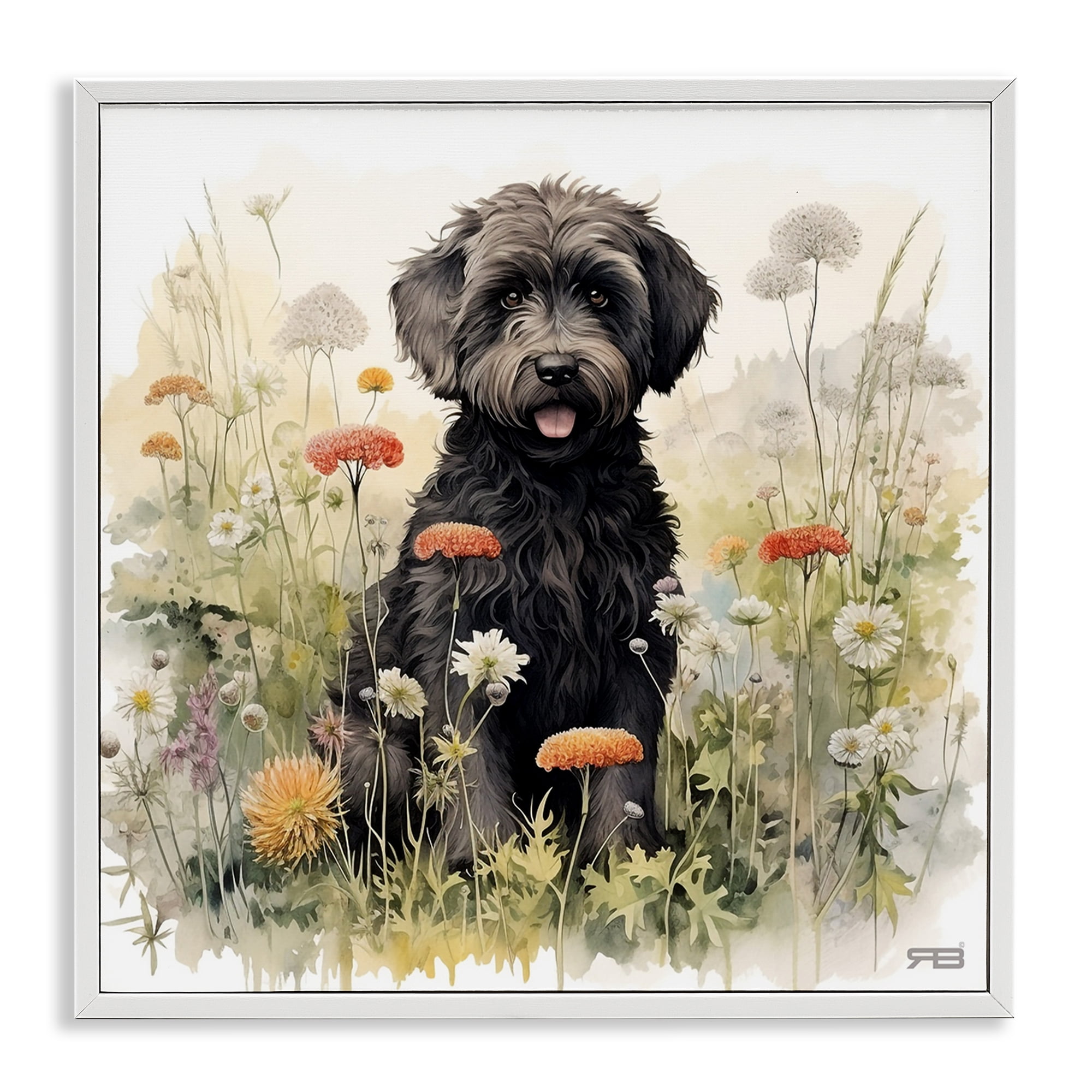 Stupell Industries Black Terrier in Meadow Animals & Insects Painting White Framed Art Print Wall Art, 12 x 12