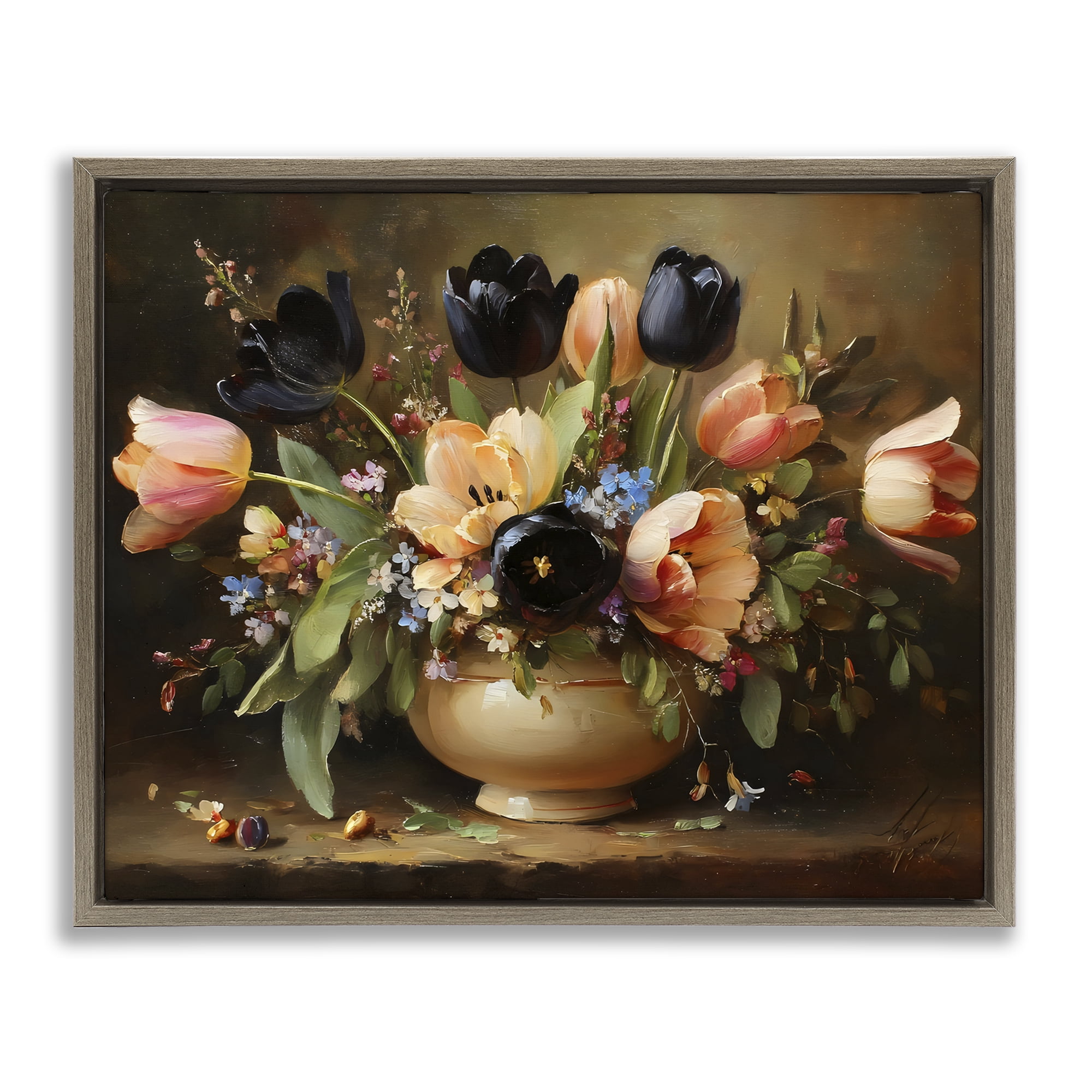 Stupell Industries Black Tulips & Peach Bouquet Brown Framed Floater Canvas Wall Art, design by Franklyn Gregory