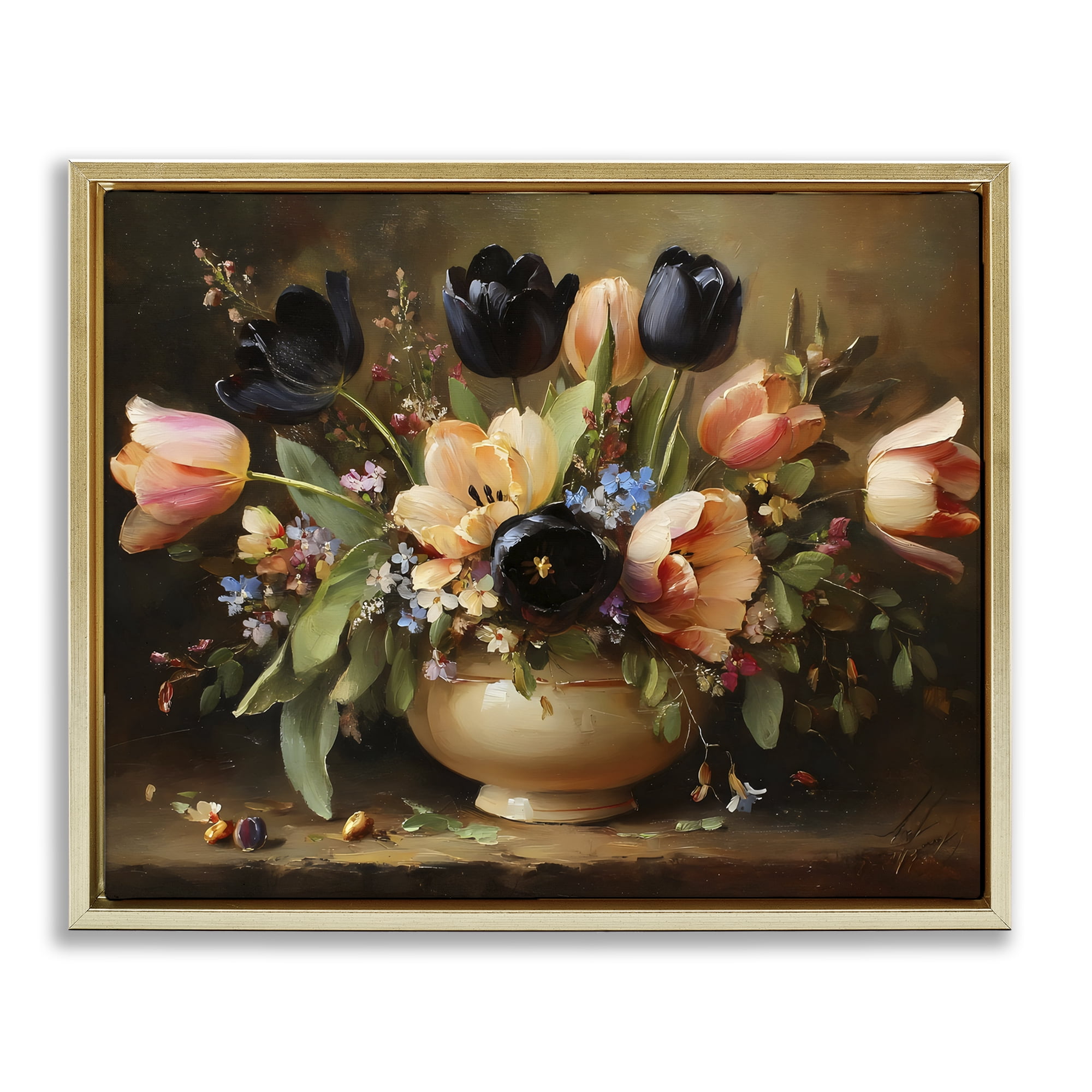 Stupell Industries Black Tulips & Peach Bouquet Gold Framed Floater Canvas Wall Art, design by Franklyn Gregory