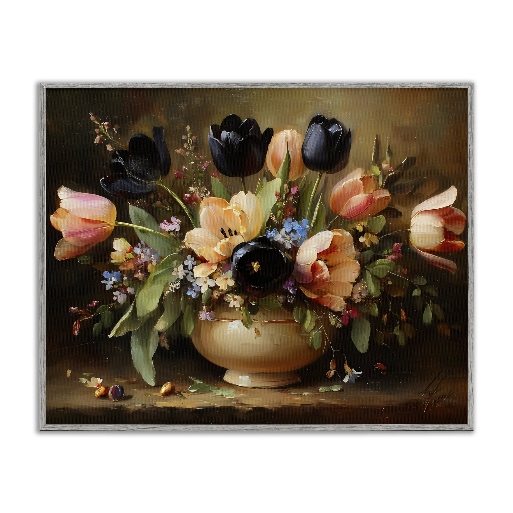 Stupell Industries Black Tulips & Peach Bouquet Gray Framed Giclee Art, design by Franklyn Gregory