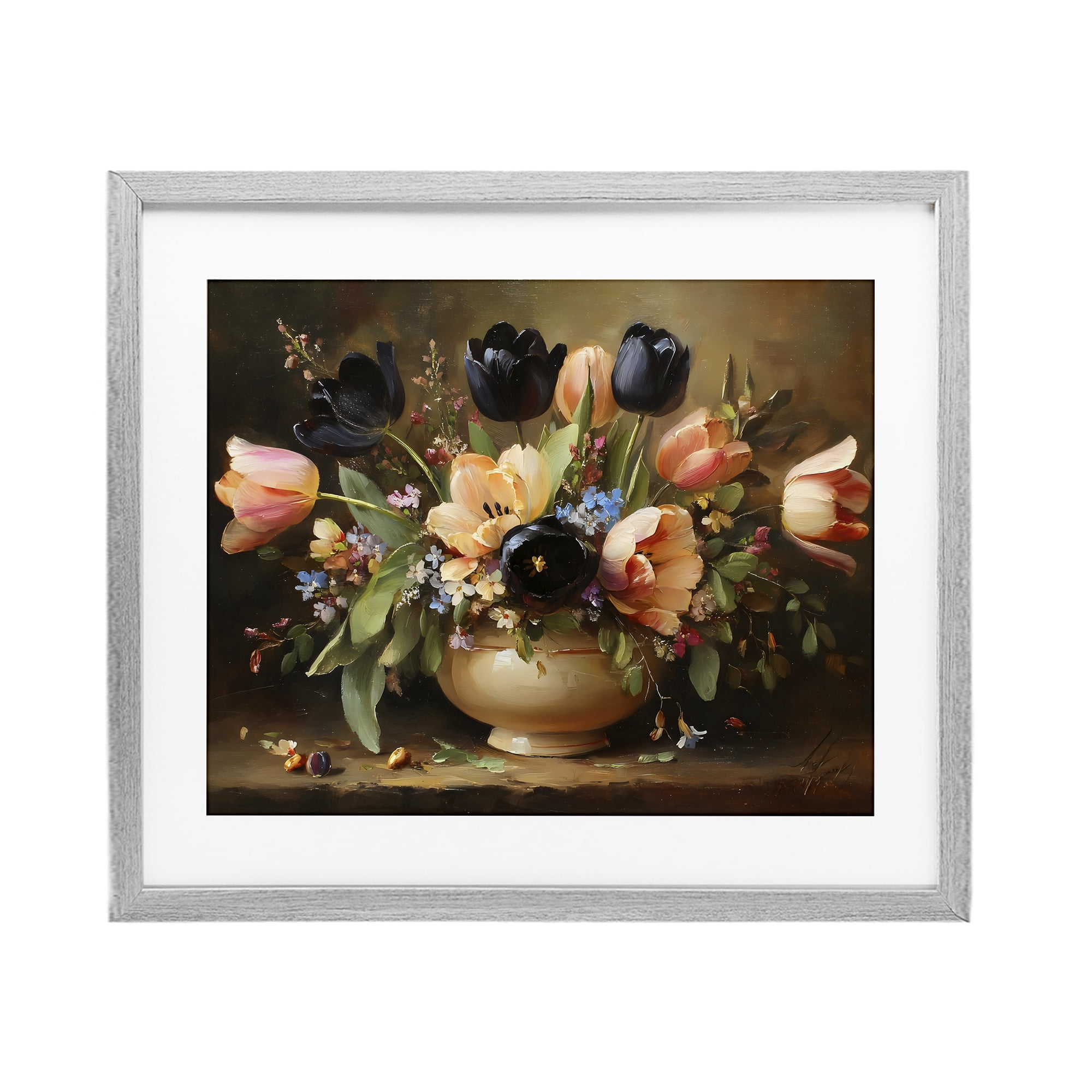 Stupell Industries Black Tulips & Peach Bouquet Gray Framed Print Under Glass, design by Franklyn Gregory