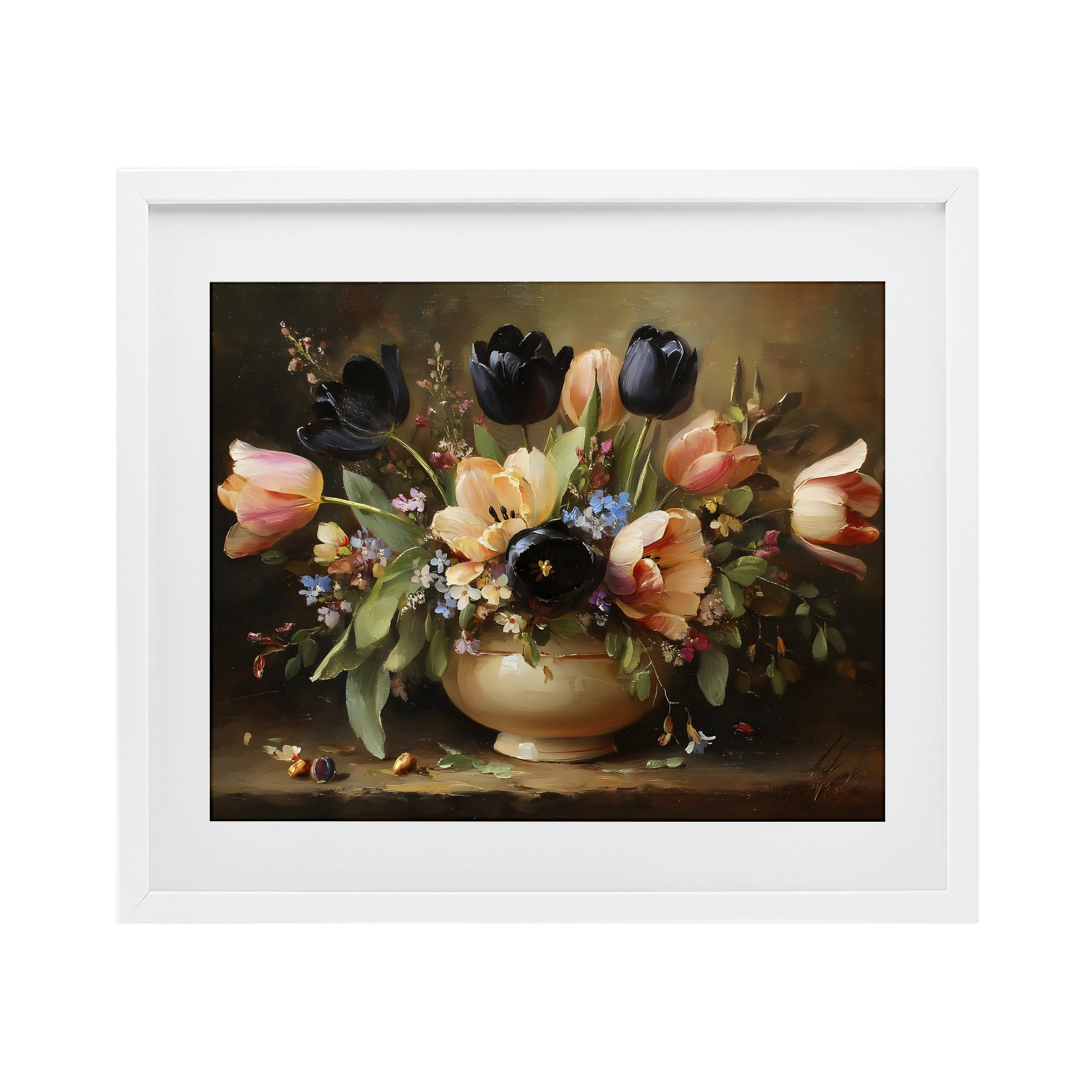 Stupell Industries Black Tulips & Peach Bouquet White Framed Print Under Glass, design by Franklyn Gregory