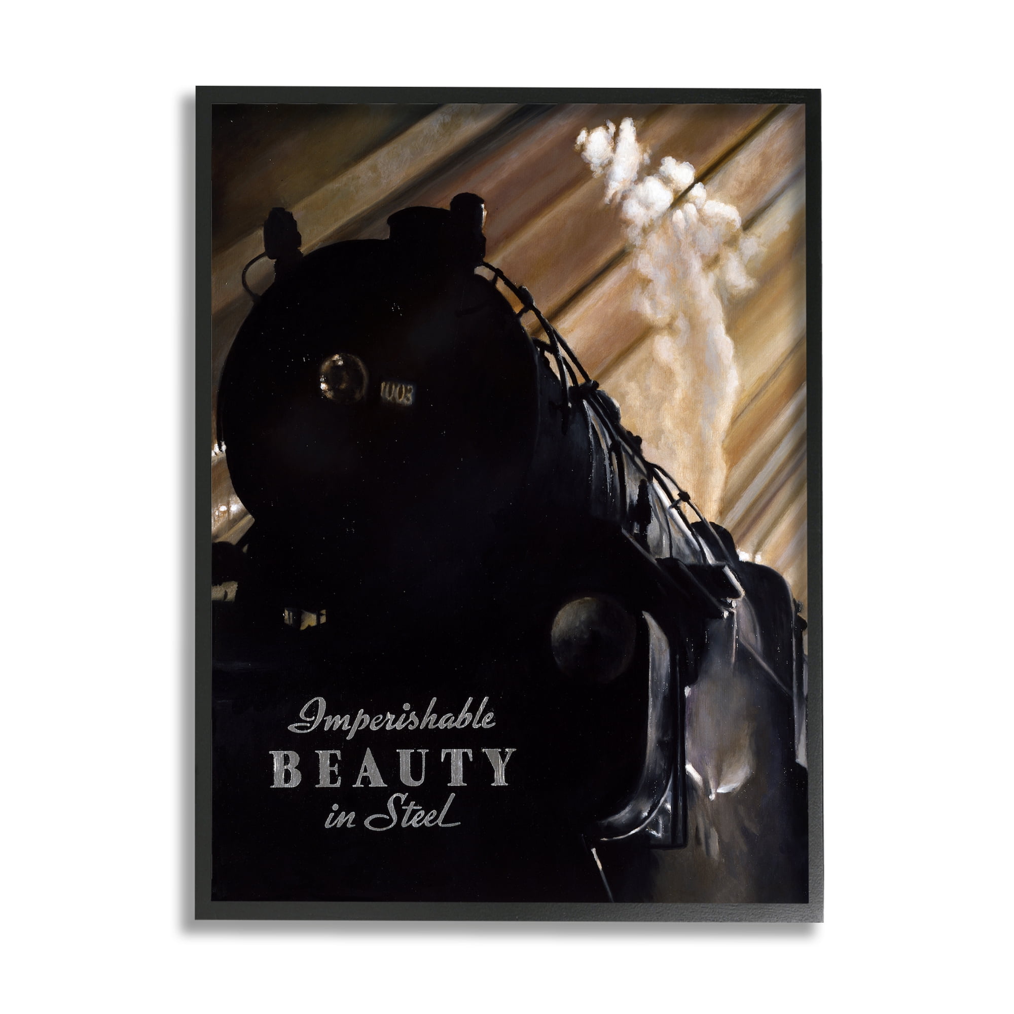 Stupell Industries Black Vintage Train Locomotive Imperishable Beauty Phrase Transportation Painting Black Framed Art Print Wall Art, 11 x 14