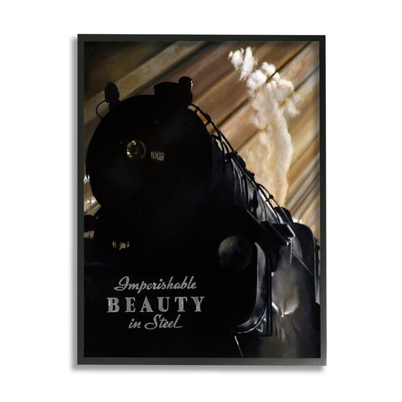 Stupell Industries Black Vintage Train Locomotive Imperishable Beauty Phrase Transportation Painting Black Framed Art Print Wall Art, 16 x 20