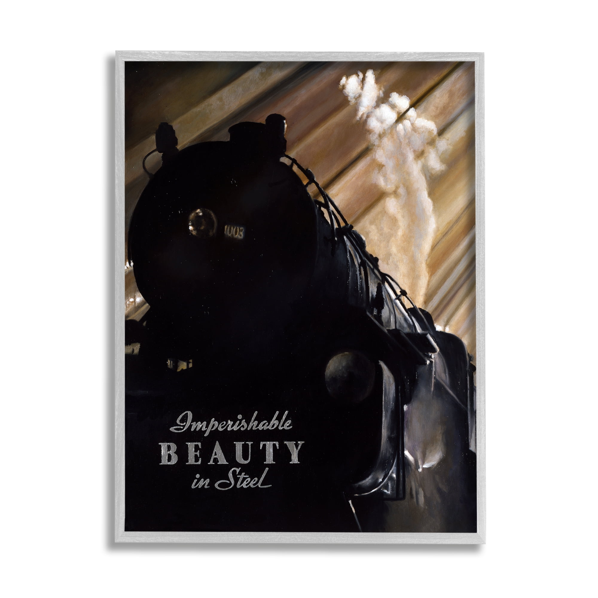 Stupell Industries Black Vintage Train Locomotive Imperishable Beauty Phrase Transportation Painting Gray Framed Art Print Wall Art, 24 x 30