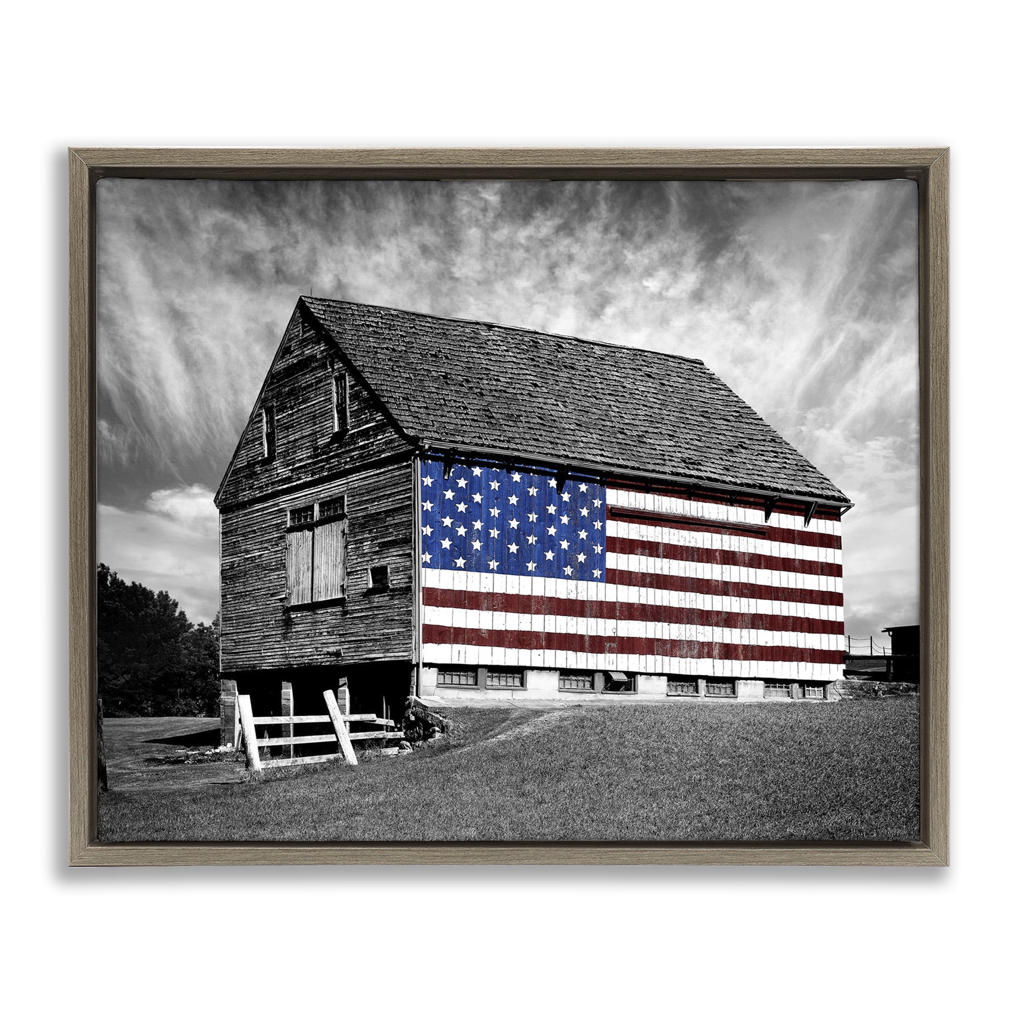 Stupell Industries Black & White Barn with American Flag Landscape Photography Brown Floater Framed Canvas Art Print Wall Art, 21 x 17