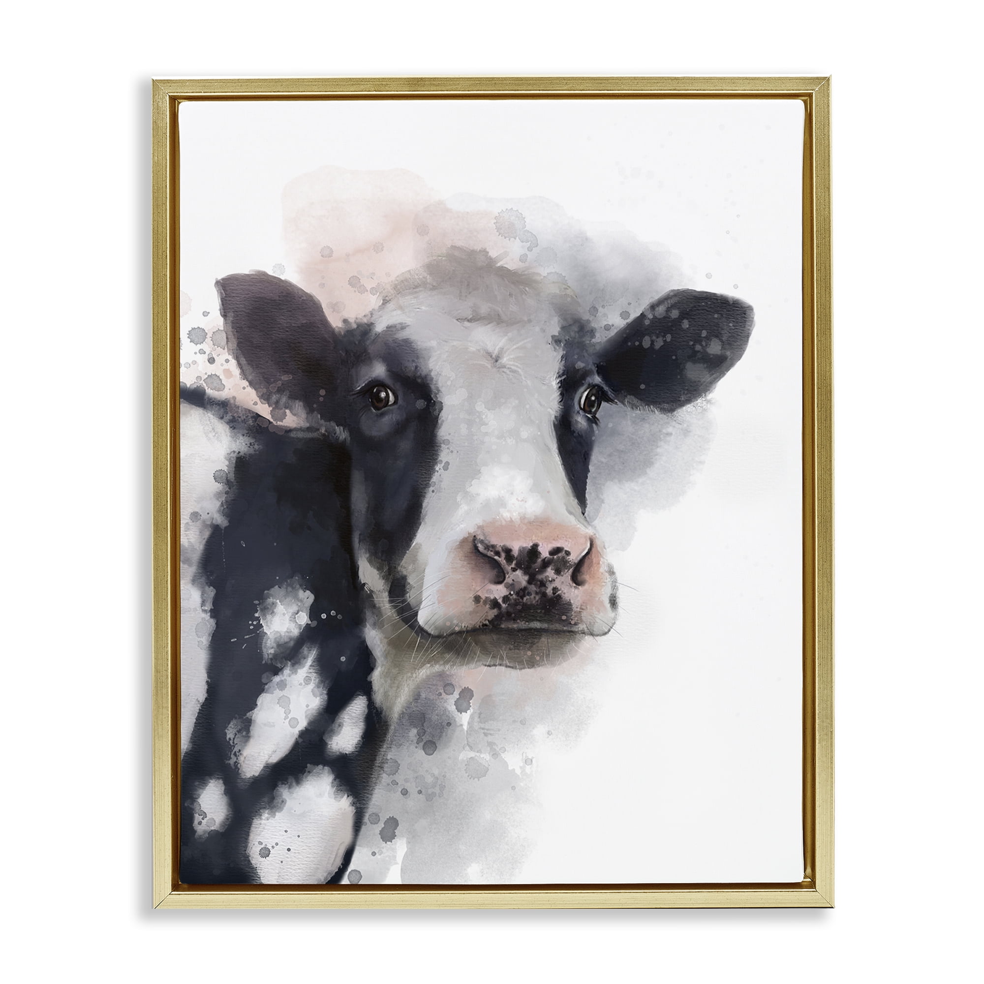 Stupell Industries Black & White Calf Animals Painting Gold Floater Framed Canvas Art Print Wall Art, 17 x 21