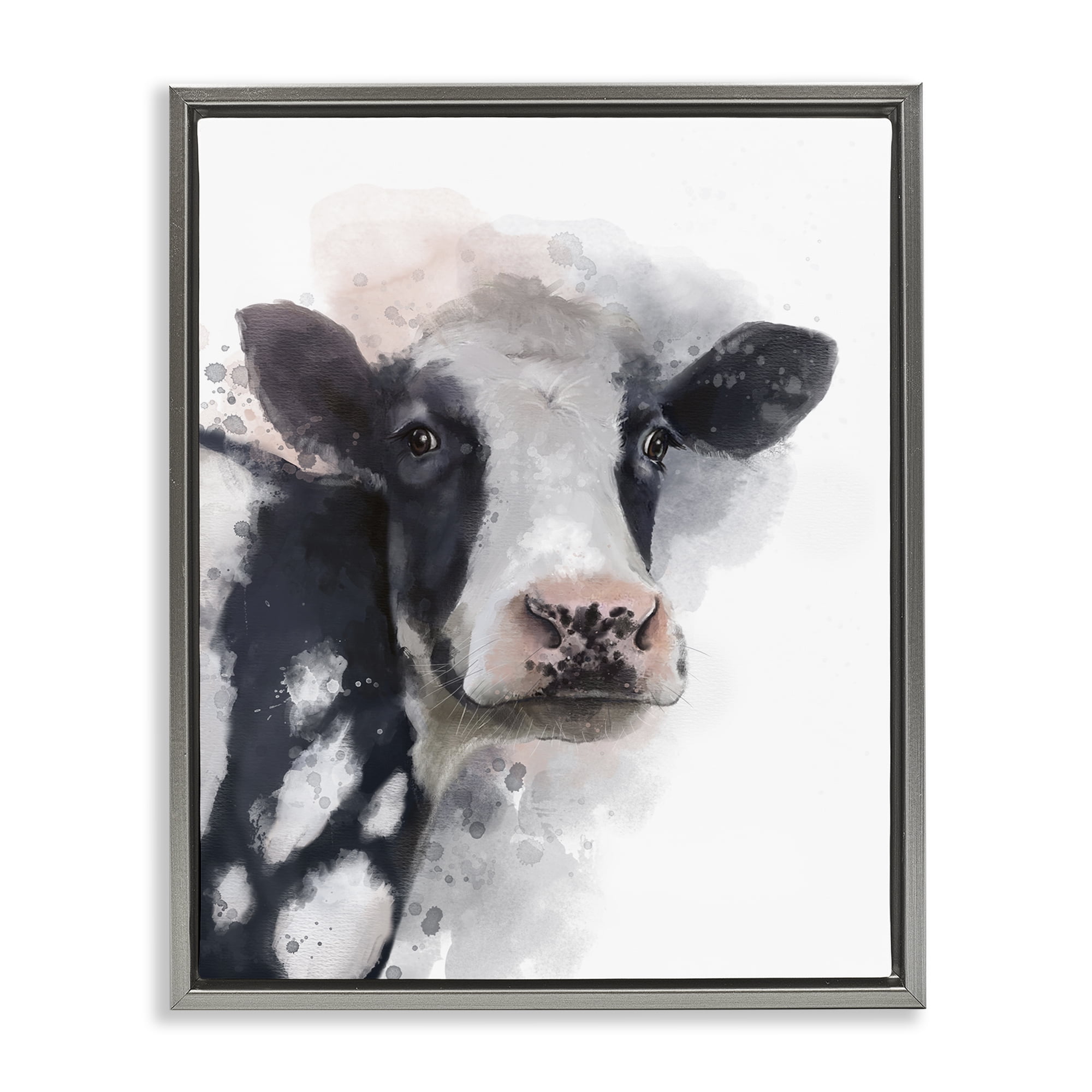Stupell Industries Black & White Calf Animals Painting Gray Floater Framed Canvas Art Print Wall Art, 17 x 21