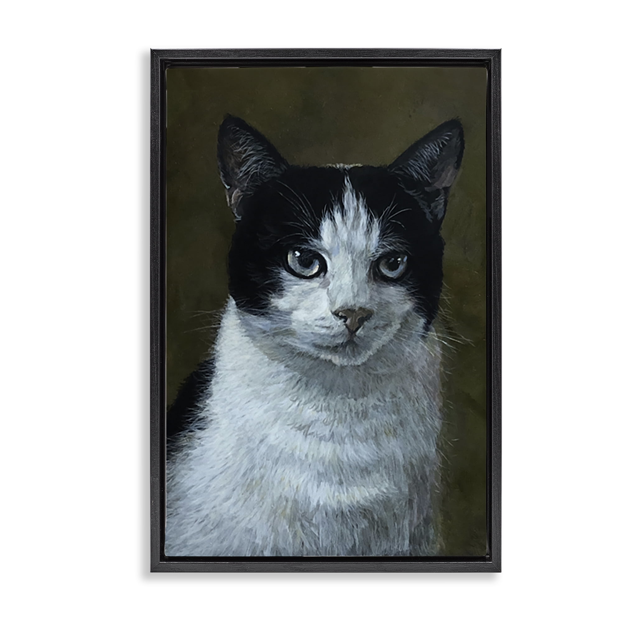 Stupell Industries Black & White Cat Angst Animals Painting Black Floater Framed Canvas Art Print Wall Art, 17 x 25