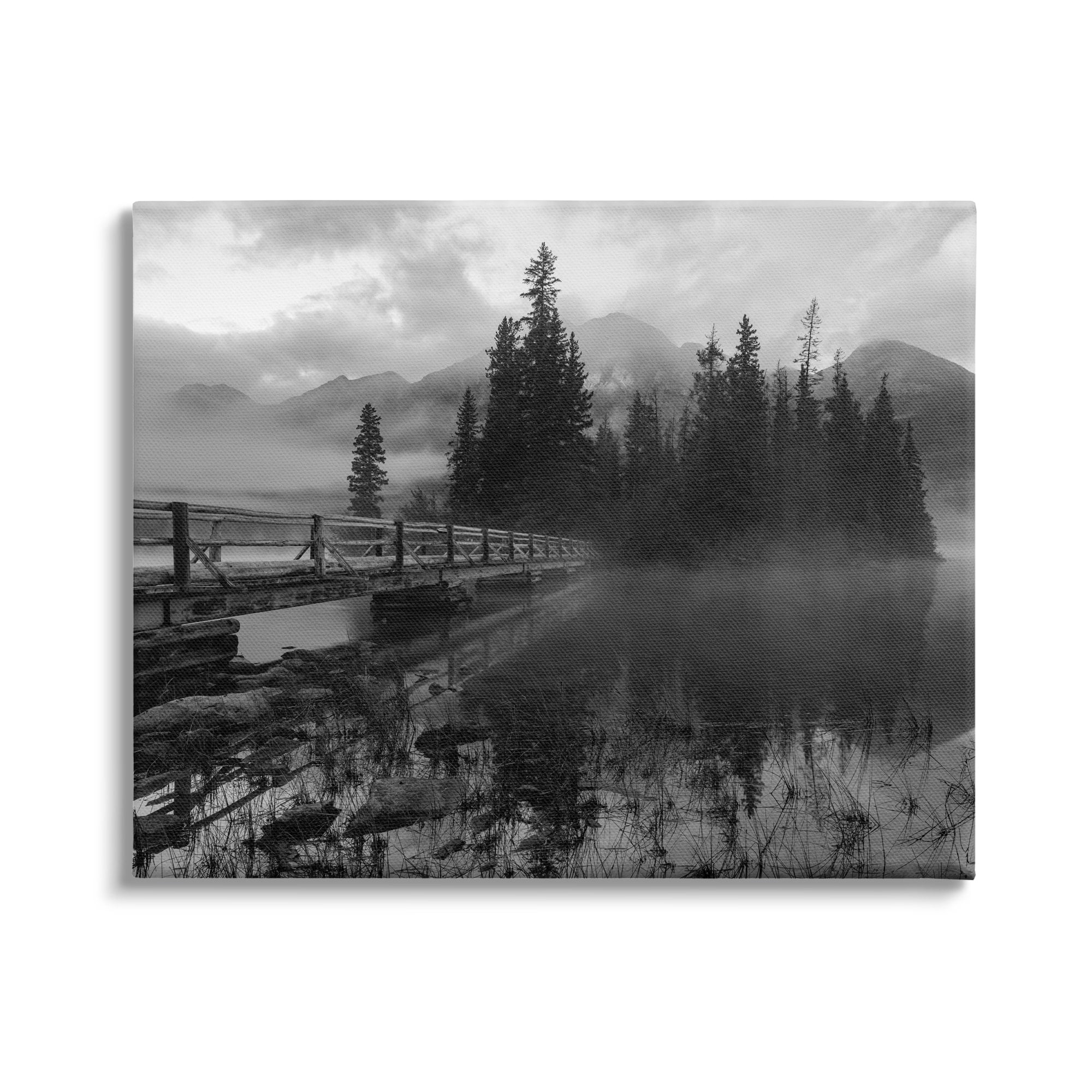 Stupell Industries Black & White Cloudy Scenery Lake Bridge Foggy Mountains Canvas Wall Art, 30 x 24, Design by Daniel Sproul