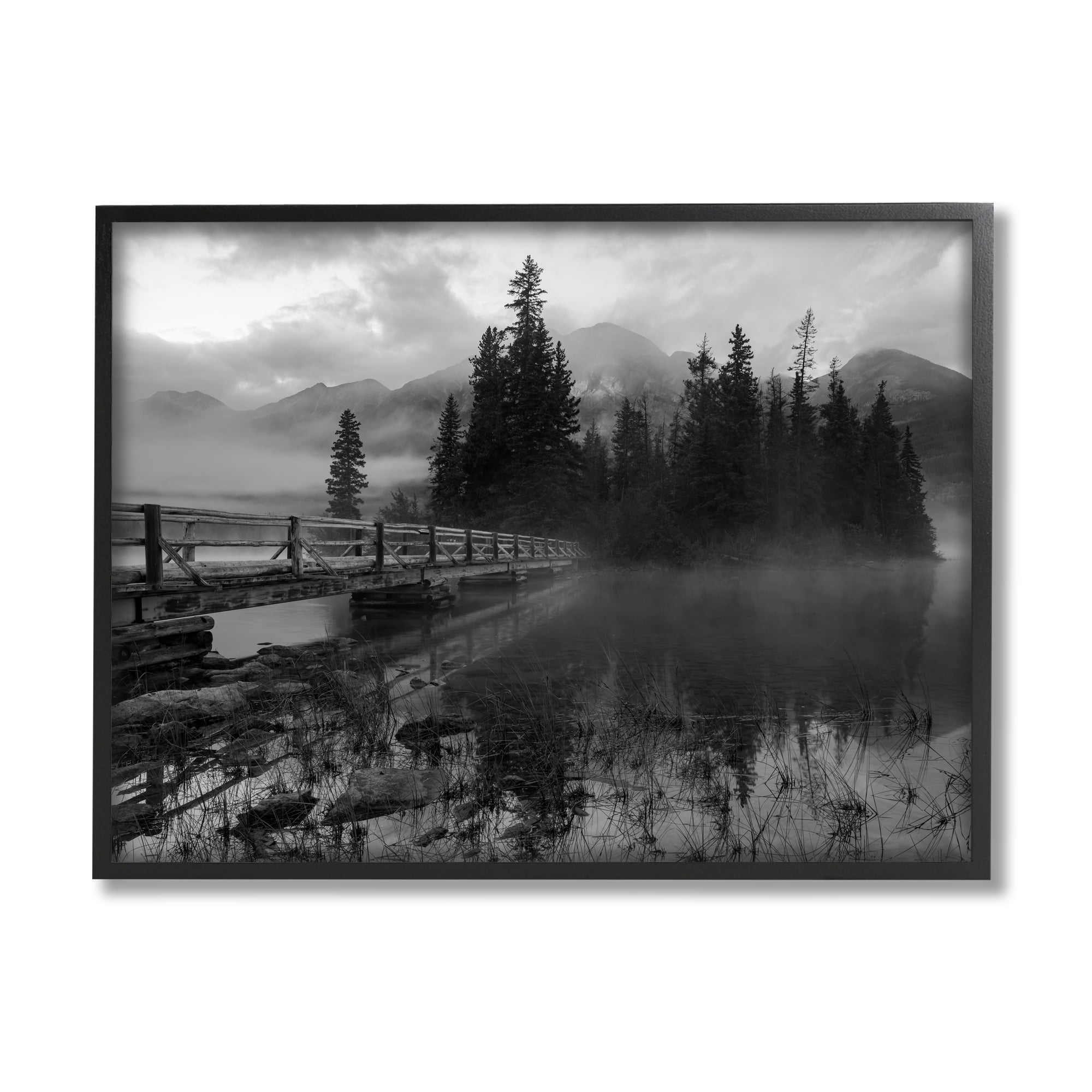 Stupell Industries Black & White Cloudy Scenery Lake Bridge Foggy Mountains Framed Wall Art, 14 x 11, Design by Daniel Sproul