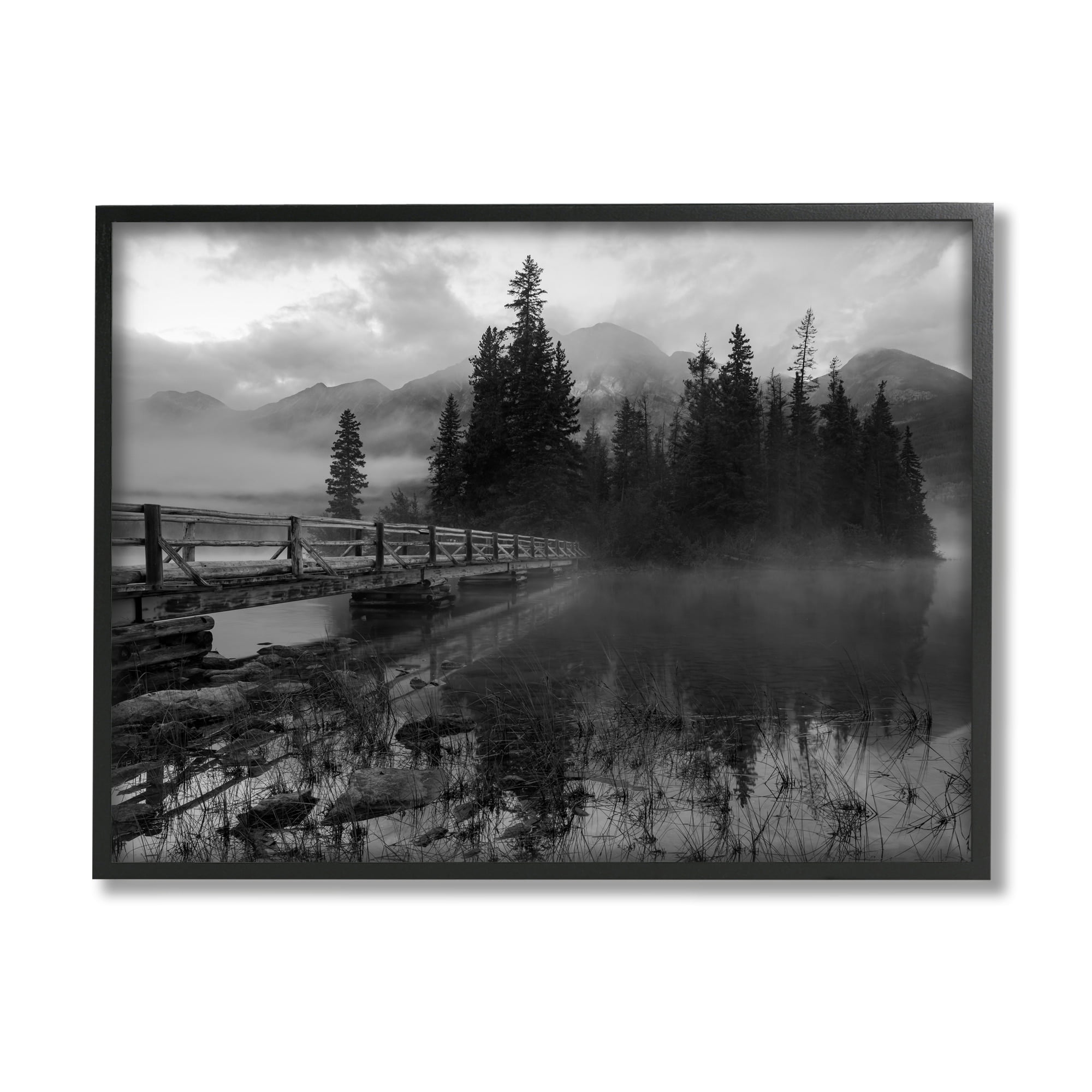 Stupell Industries Black & White Cloudy Scenery Lake Bridge Foggy Mountains Framed Wall Art, 20 x 16, Design by Daniel Sproul