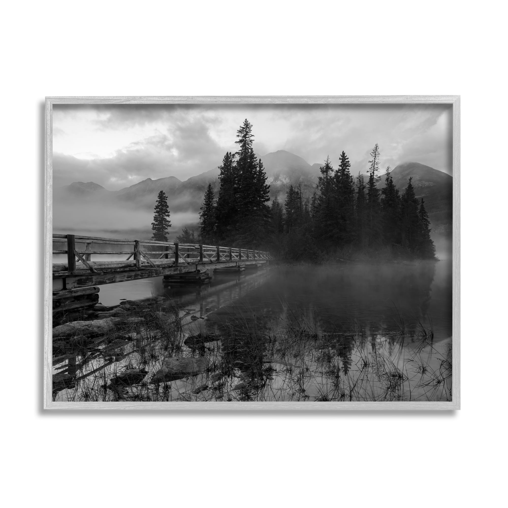 Stupell Industries Black & White Cloudy Scenery Lake Bridge Foggy Mountains Framed Wall Art, 20 x 16, Design by Daniel Sproul