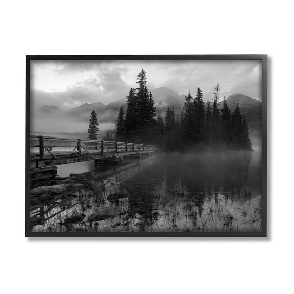 Stupell Industries Black & White Cloudy Scenery Lake Bridge Foggy Mountains Framed Wall Art, 30 x 24, Design by Daniel Sproul