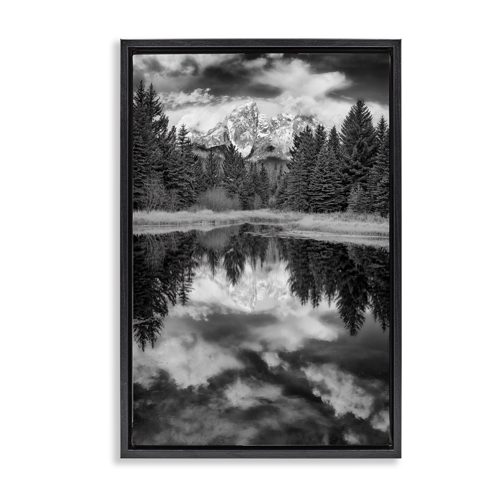 Stupell Industries Black & White Forest Reflection Landscape & Nature Photography Black Floater Framed Canvas Art Print Wall Art, 17 x 25