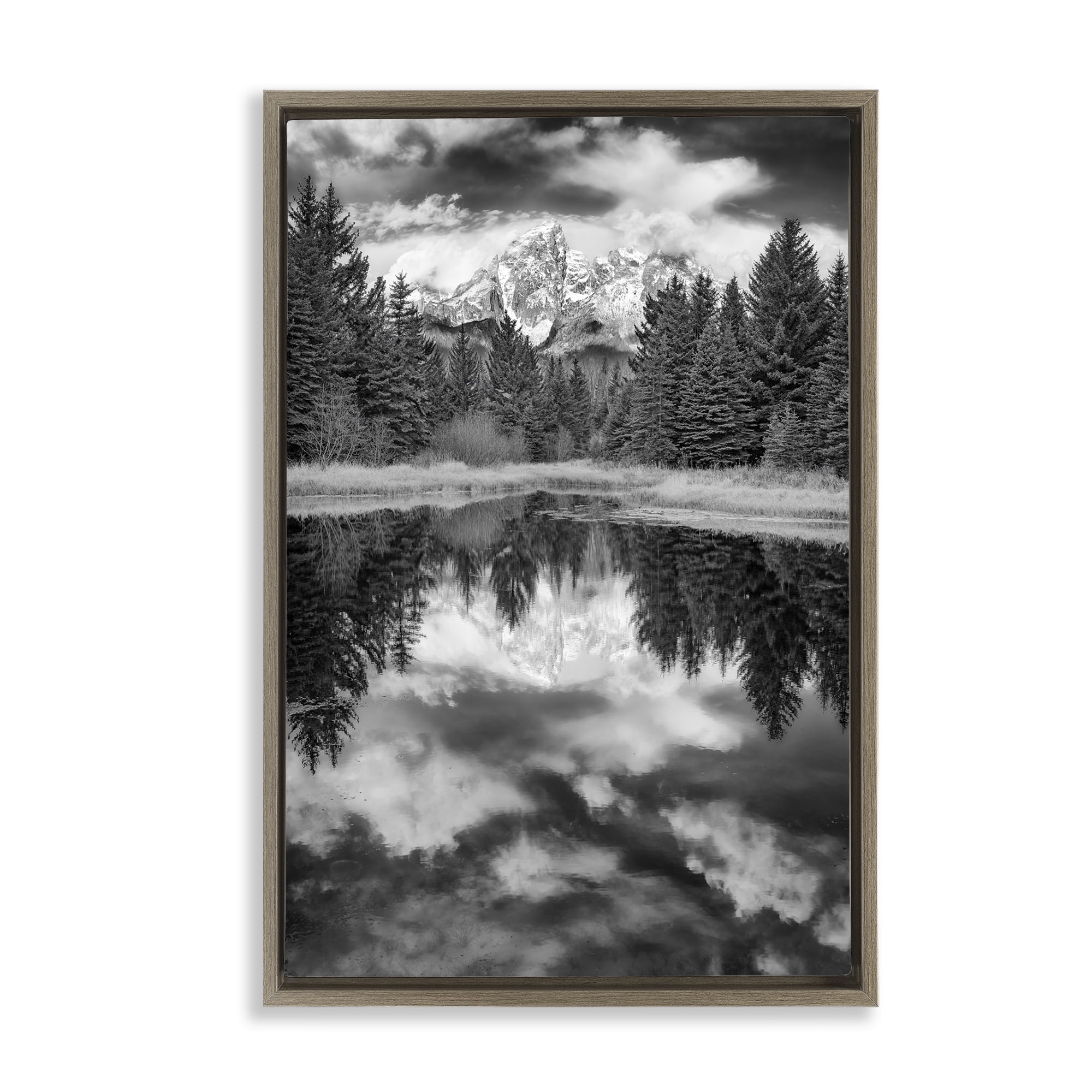 Stupell Industries Black & White Forest Reflection Landscape & Nature Photography Brown Floater Framed Canvas Art Print Wall Art, 21 x 31