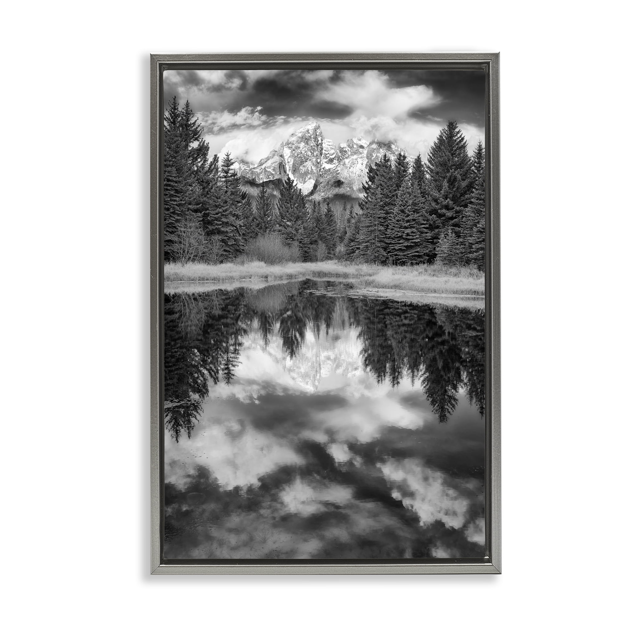 Stupell Industries Black & White Forest Reflection Landscape & Nature Photography Gray Floater Framed Canvas Art Print Wall Art, 17 x 25