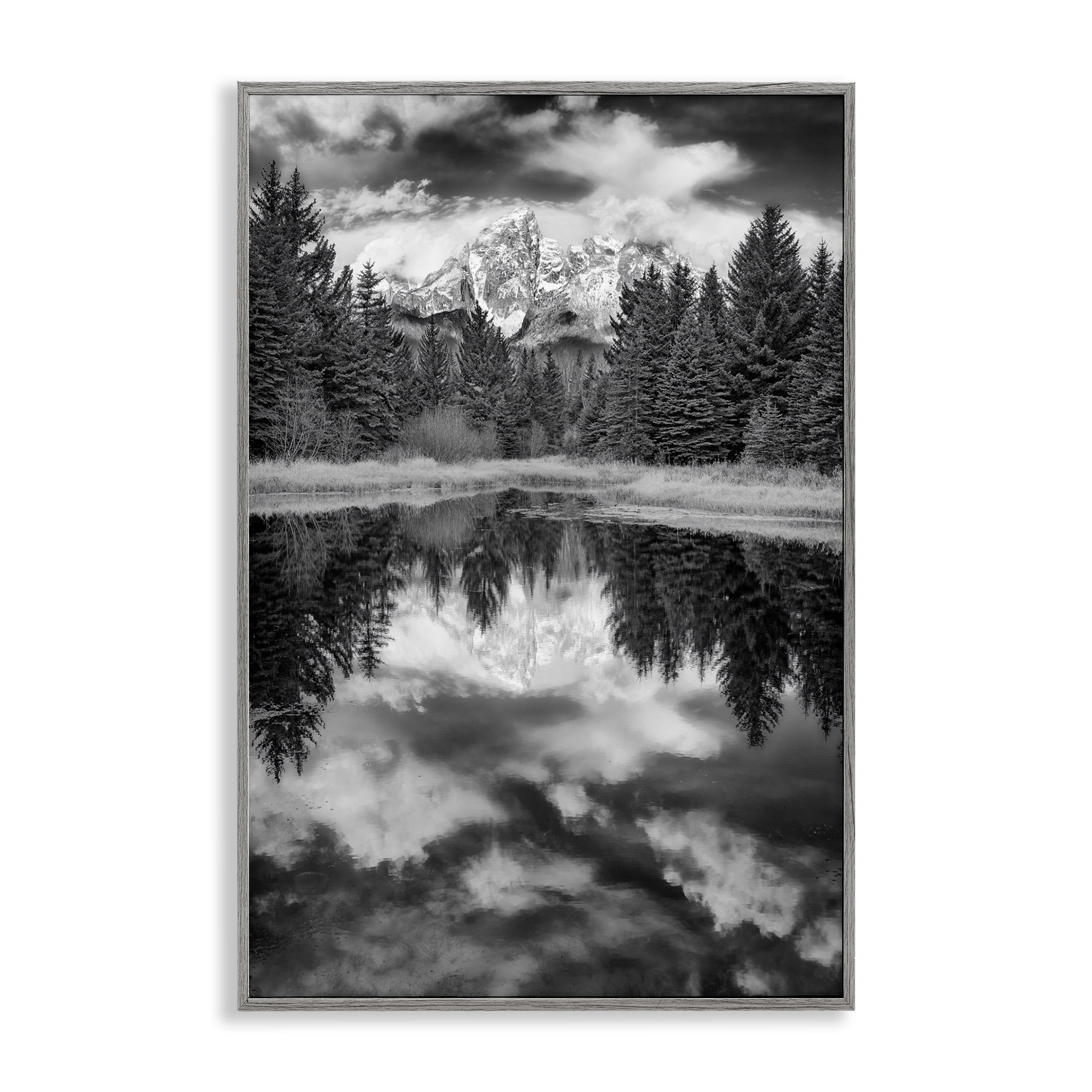 Stupell Industries Black & White Forest Reflection Landscape & Nature Photography Gray Framed Art Print Wall Art, 12 x 18