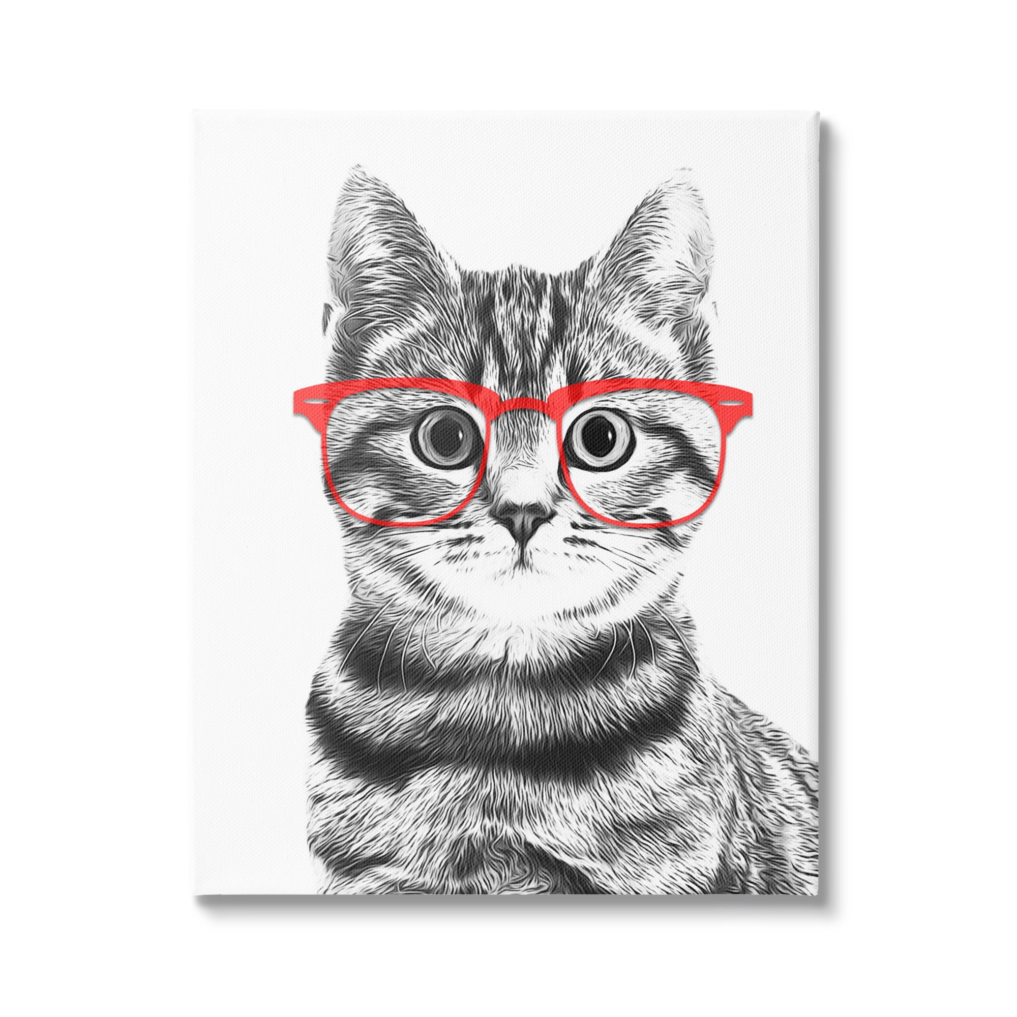 Stupell Industries Black White Monochrome Cat Red Glasses Design Kids Painting Gallery-Wrapped Canvas Print Wall Art, 36 x 48, Design by Annalisa Latella