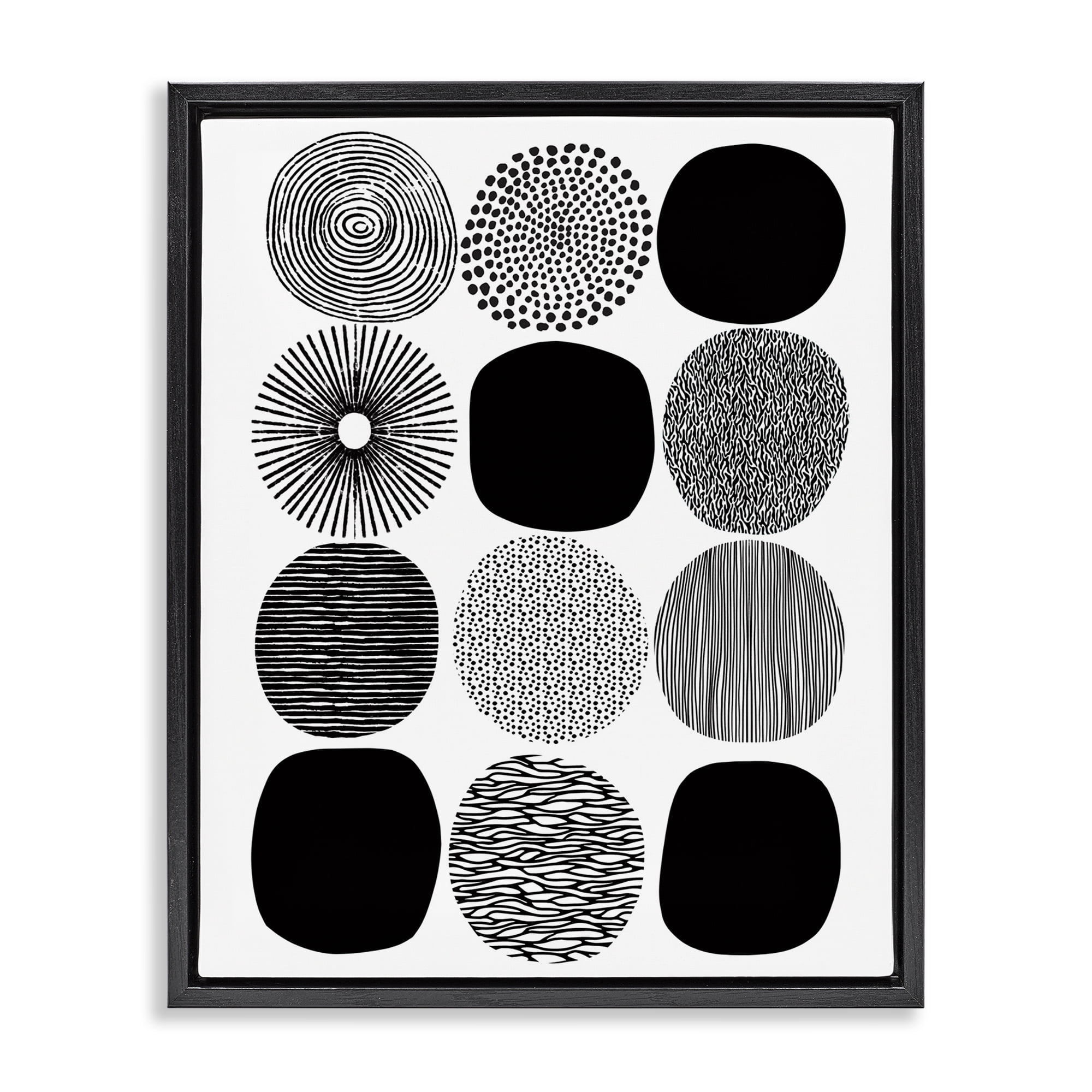 Stupell Industries Black & White Pattern Circles Abstract Painting Black Floater Framed Canvas Art Print Wall Art, 25 x 31