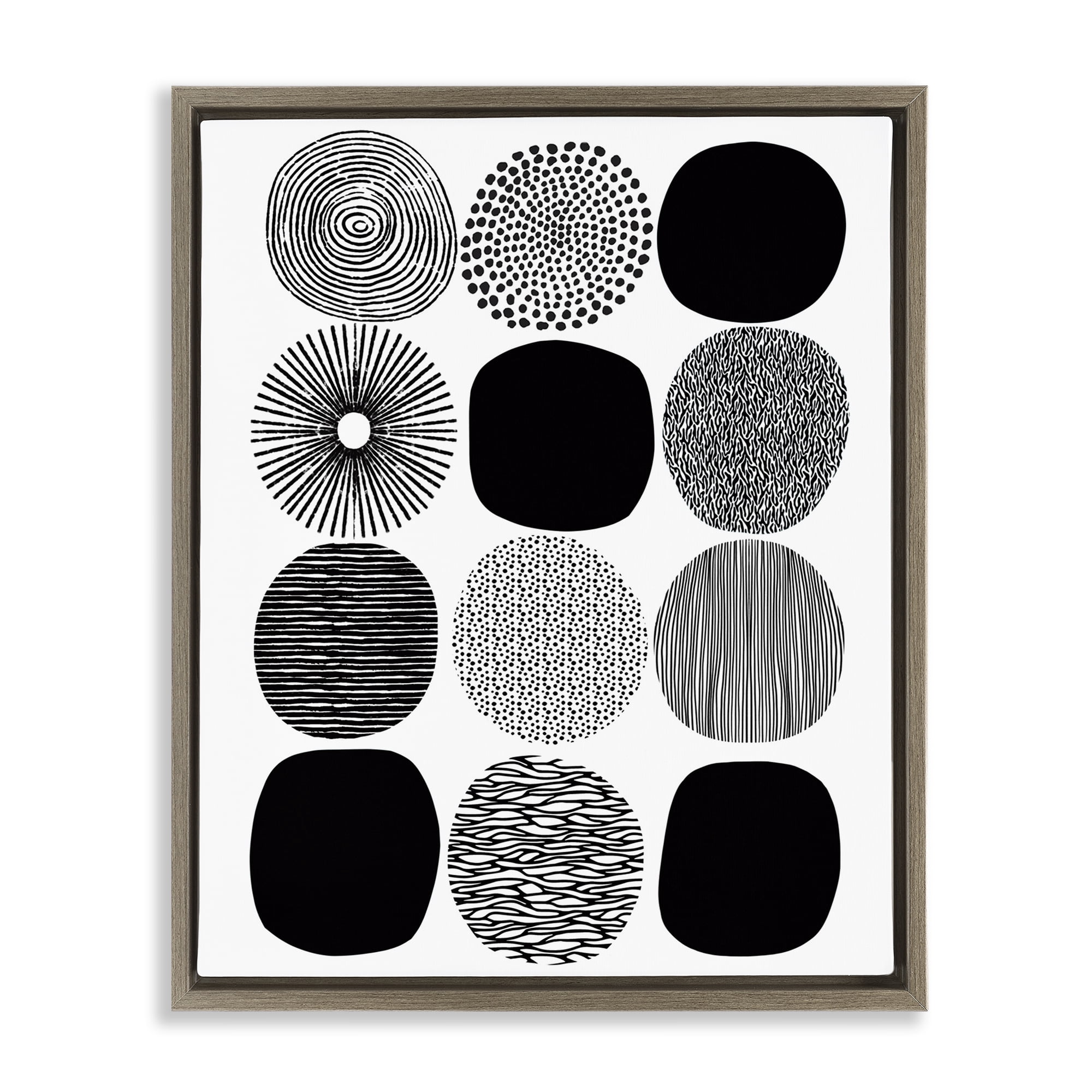 Stupell Industries Black & White Pattern Circles Abstract Painting Brown Floater Framed Canvas Art Print Wall Art, 17 x 21